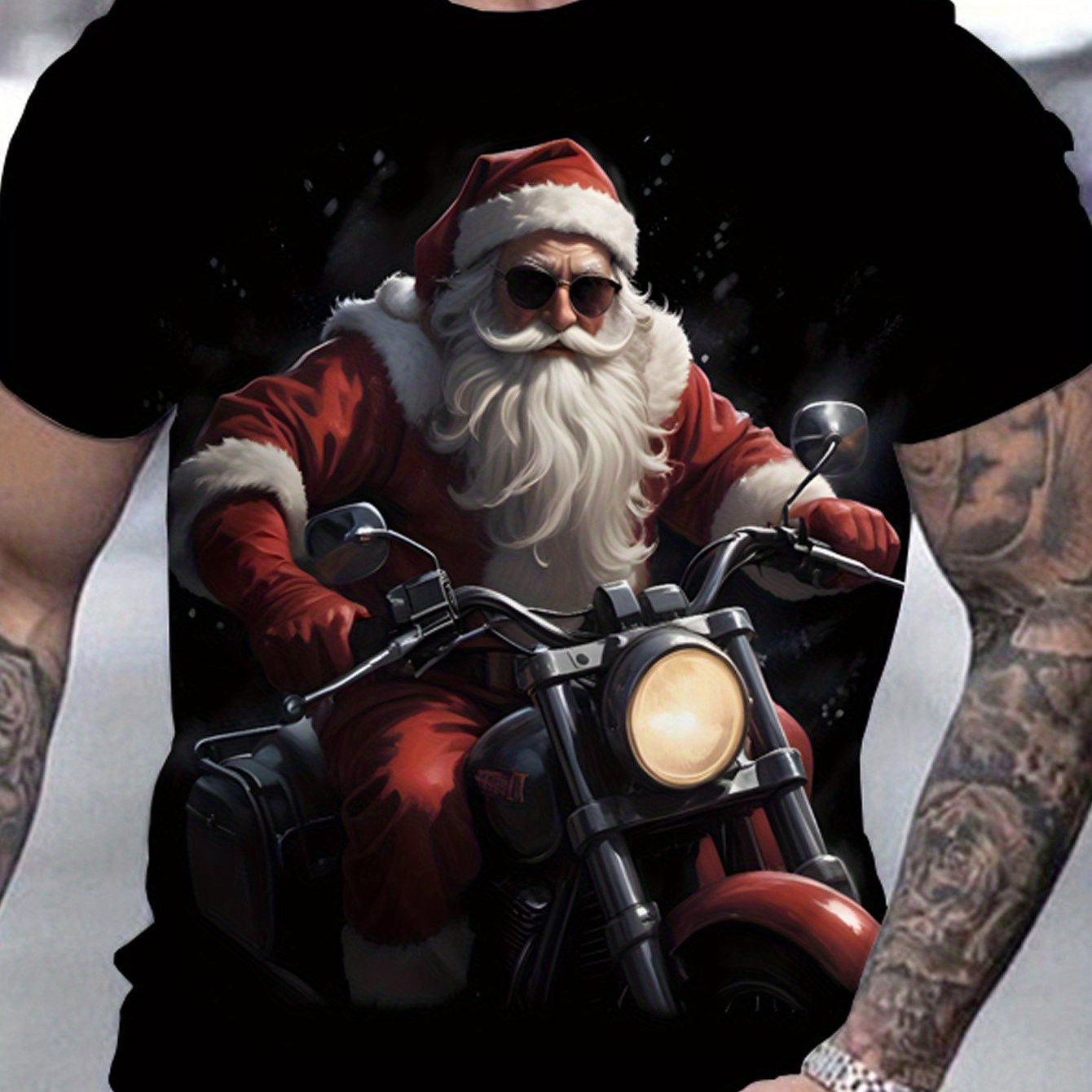TEMU Men's Santa Claus Riding A Motorcycle Printed T-shirt - Black Christmas Graphic Top With Stylish Glasses And Red Suit Design, Breathable