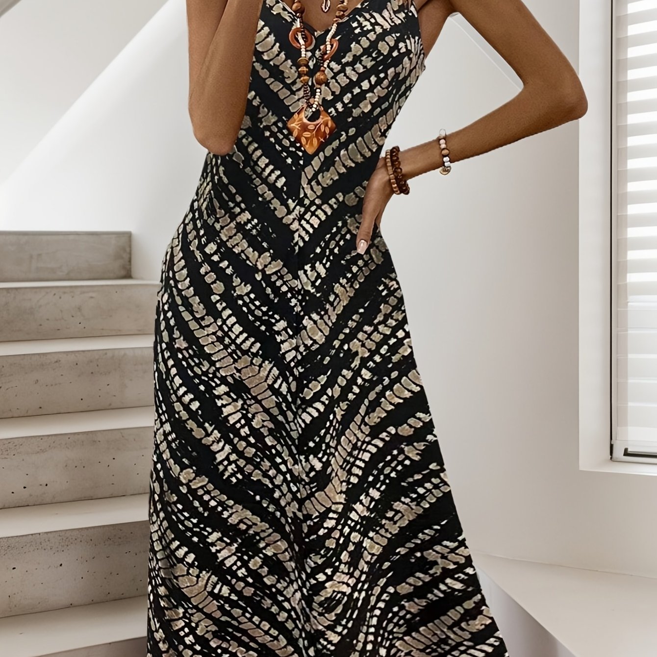 Image of Summer New Women's Fashion Long Geometric Print Sleeveless V-neck Casual Camisole Dress