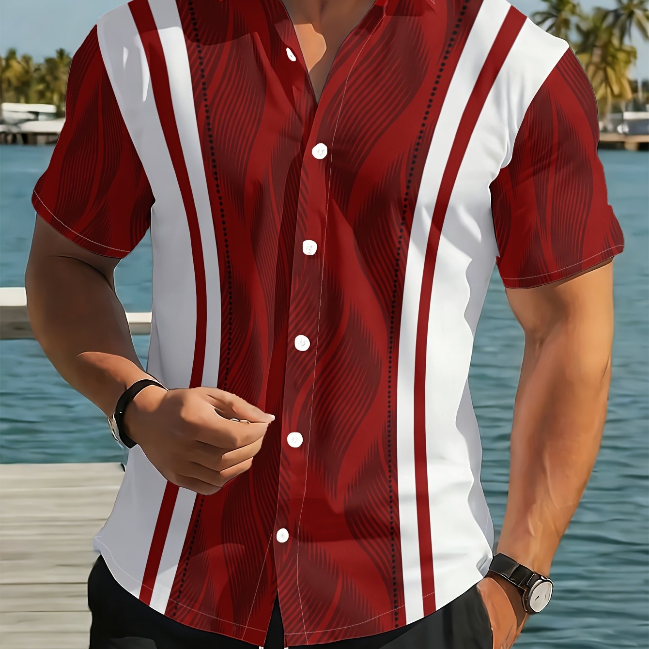 TEMU Men's Fashion Short-sleeve Shirt, Red And - Short-sleeve Shirt, Trendy New Summer Outfit, Daily Casual Shirt, Vacation Beach Shirt, For Summer