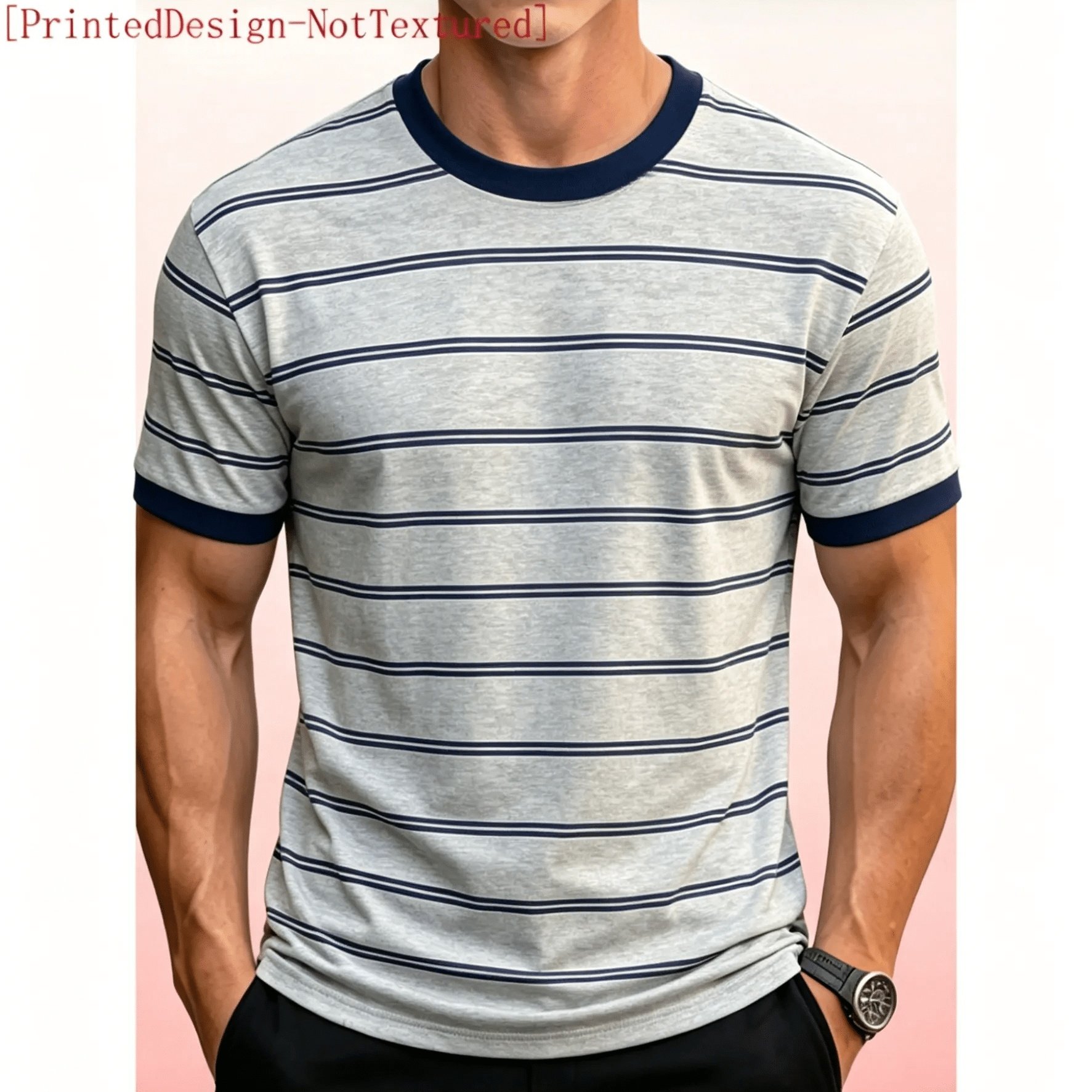 TEMU [printed Design - Not Textured] Gray Blue Striped Contrast Edge Short Sleeve T-shirt, Light Gray Base Navy Thin Stripes Contrast Color Ribbed
