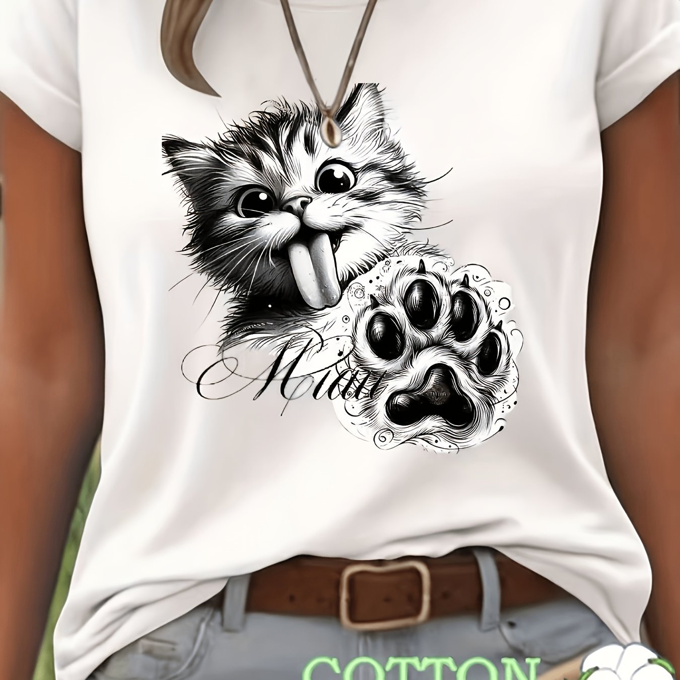 Ladies' Cat Print Short Sleeve T-shirt | Casual Crew Neck, Medium Stretch Fabric, Anime Pattern, Regular Fit For Summer