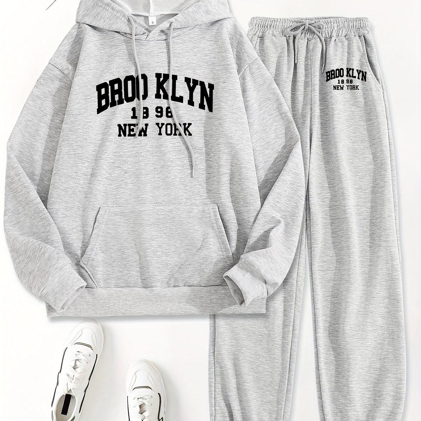 TEMU Women's Letter Print Hoodie & Pants Set - Casual Polyester Two-piece With Long Sleeves And Pockets For Fall/winter