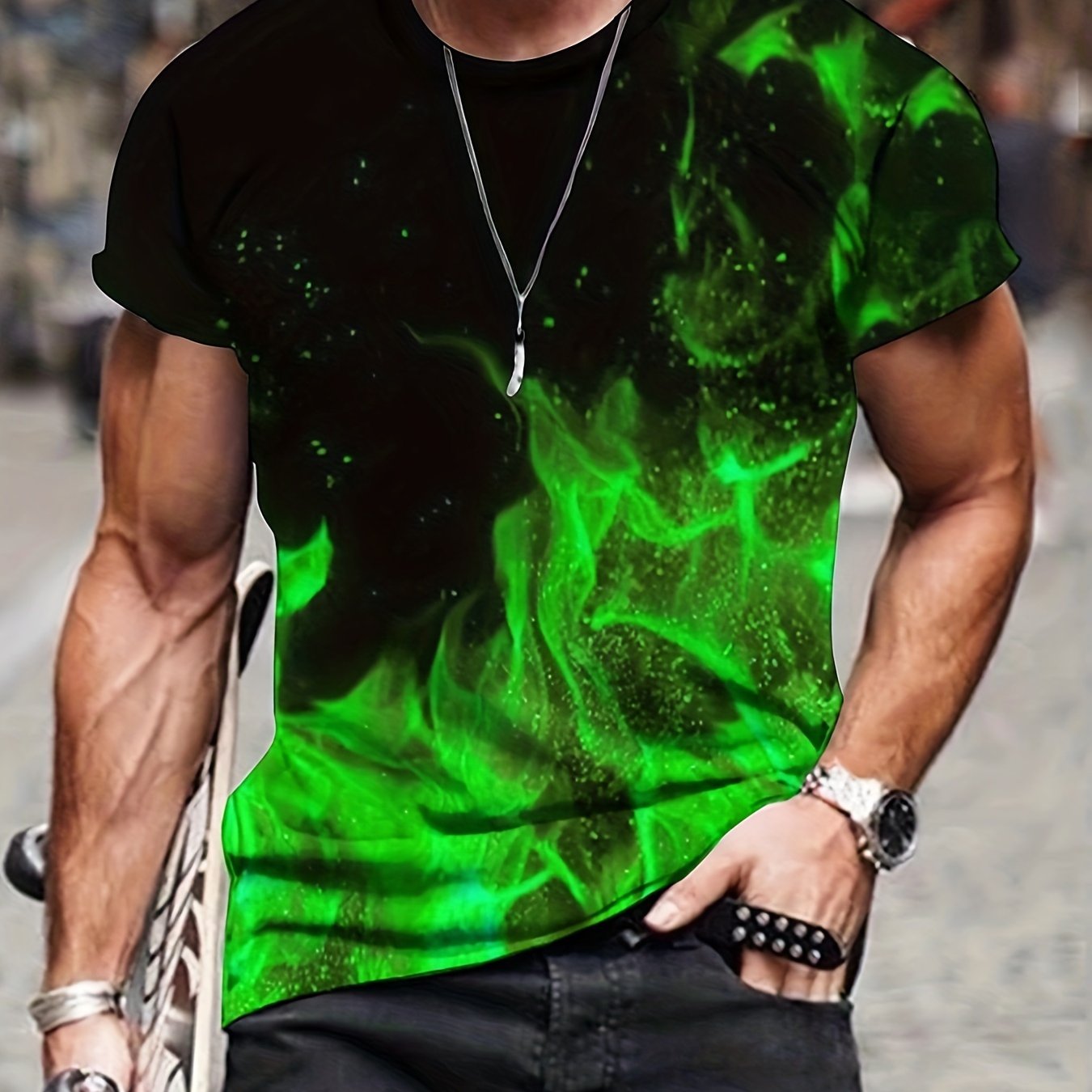TEMU Summer Men's Flame Pattern Print Short Sleeve T-shirt, Fashion Casual Athletic Round Neck Comfortable, Daily Streetwear, Suitable For Travel