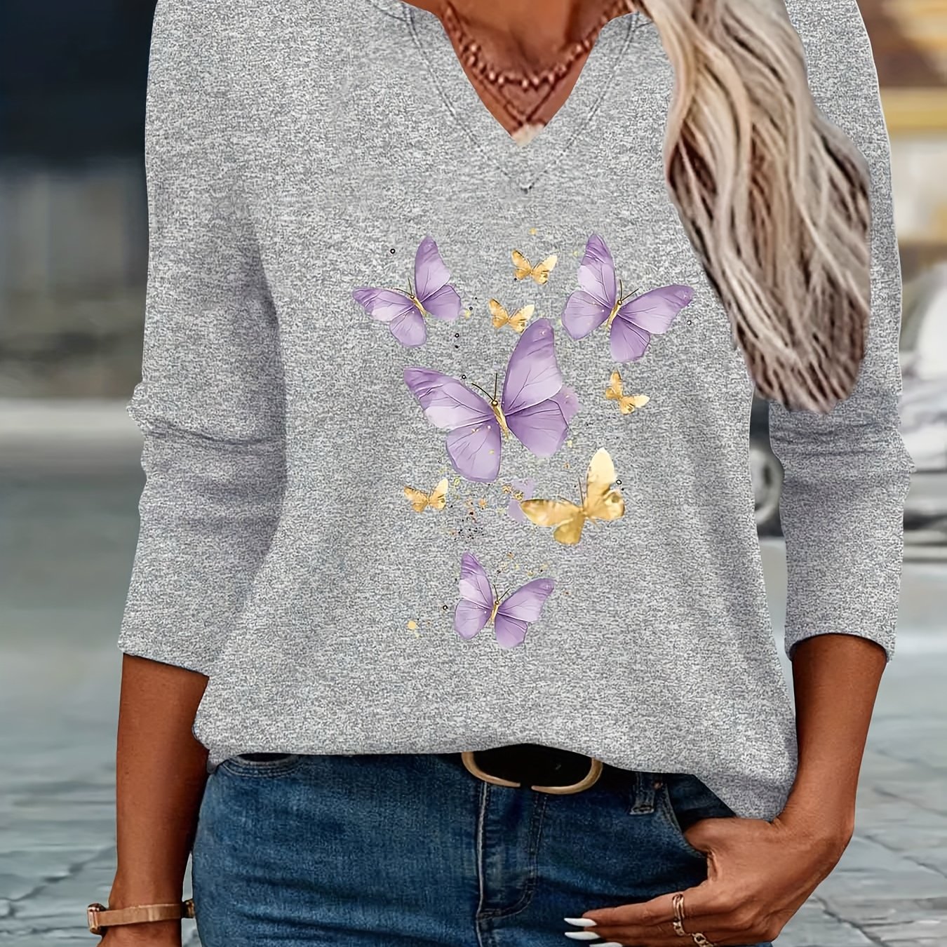 TEMU T-shirt chic à imprimé papillon pour femme, mode printemps/été, simple et décontracté, col en V et manches -