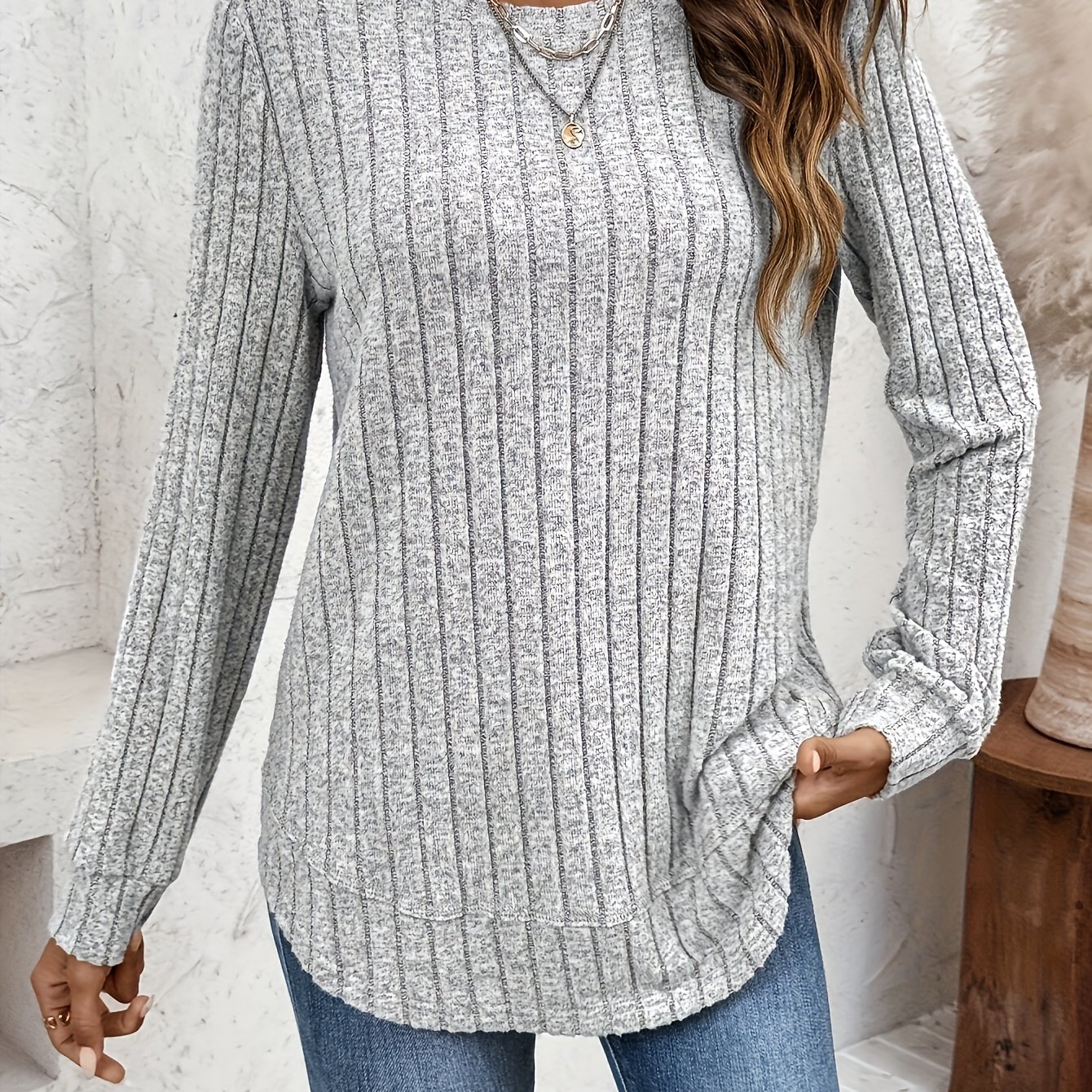 TEMU Autumn Winter Women's Arc Leg Long Sleeve Plush Ribbed Fabric Top