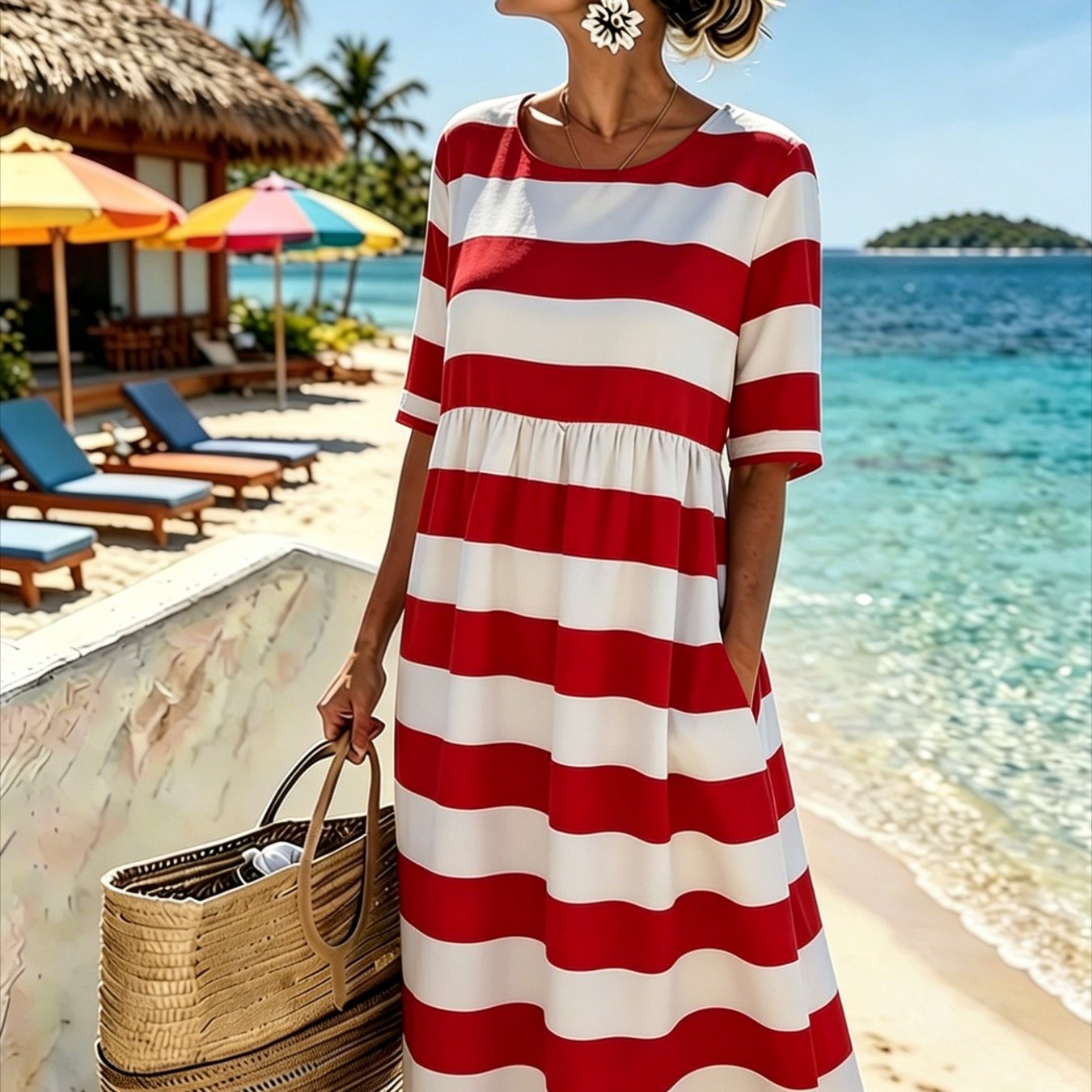 Women's Elegant Midi Dress - Casual 3/4-sleeve, Crew Neck, Loose-. Machine Washable. A Comfortable Beach & Vacation Dress, Perfect For Travel, Getaways, And Everyday .