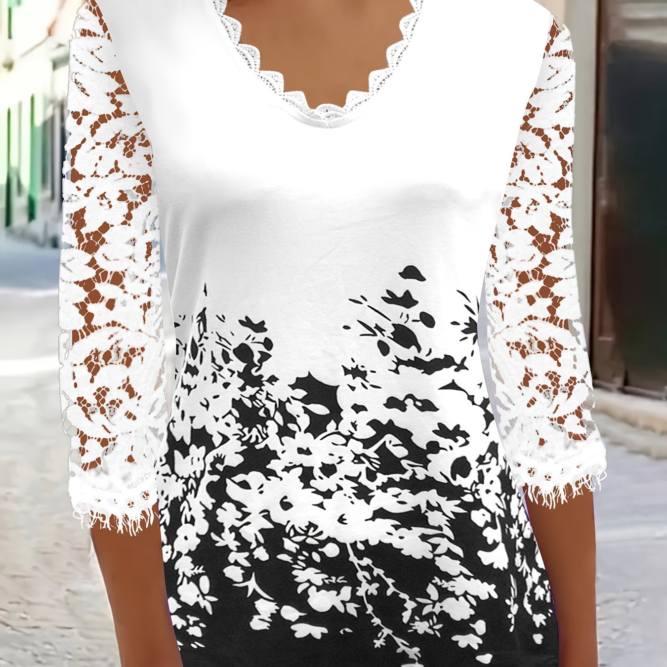 Image of Elegant Women's Lace T-shirt, Women's Elegant Lace Floral Print Top