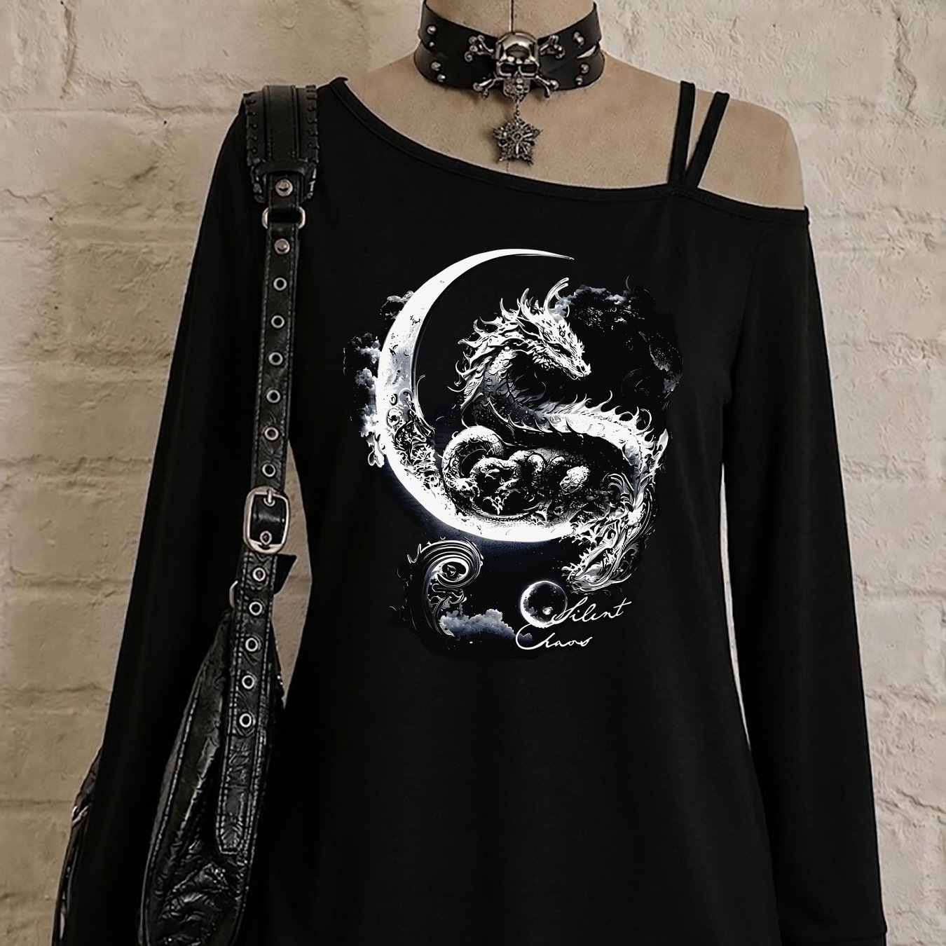 TEMU Y2k Black And Dragon And Crescent Fantasy Pattern Beautiful Athletic Casual Party Loose Elegant Elastic Gift Machine Washable Long Sleeve Cami