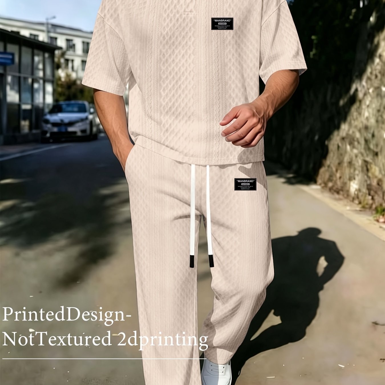TEMU Summer Men's Textured Shirt And Casual Loose Straight Trousers Two-piece Set Trendy Athletic Outfit