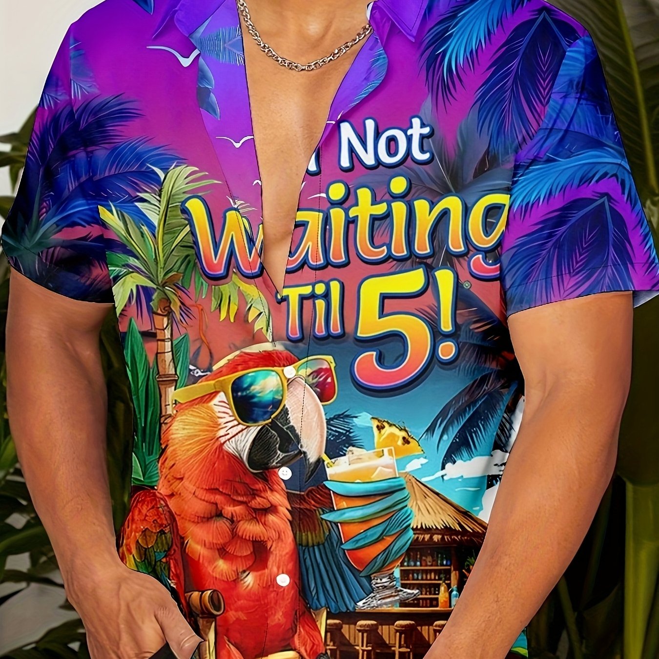 TEMU Men's Patterned Shirts, Hawaiian Shirts, Collared Shirts For Vacations Featuring Coconut Trees And Parrot Prints, Designed For Outdoor