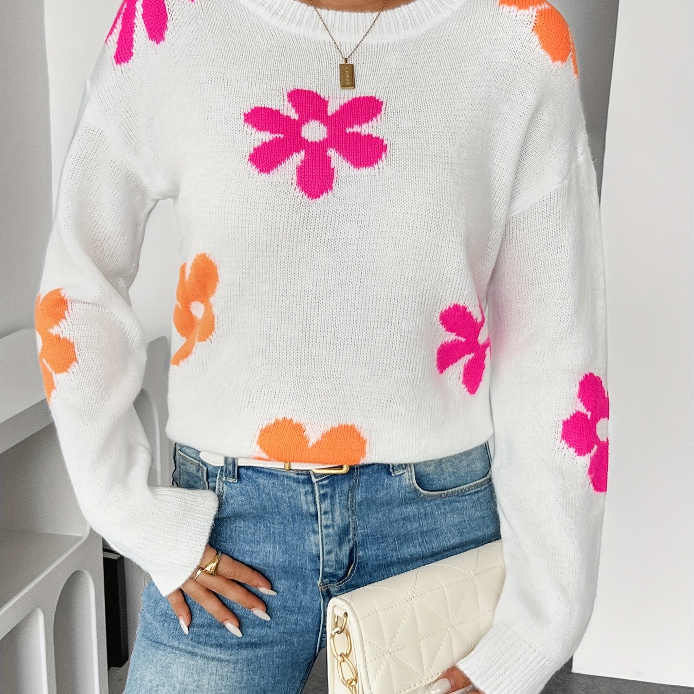 Floral Pattern Crew Neck Sweater, Elegant Drop Shoulder Long Sleeve Sweater For Fall & Winter, Women's Clothing