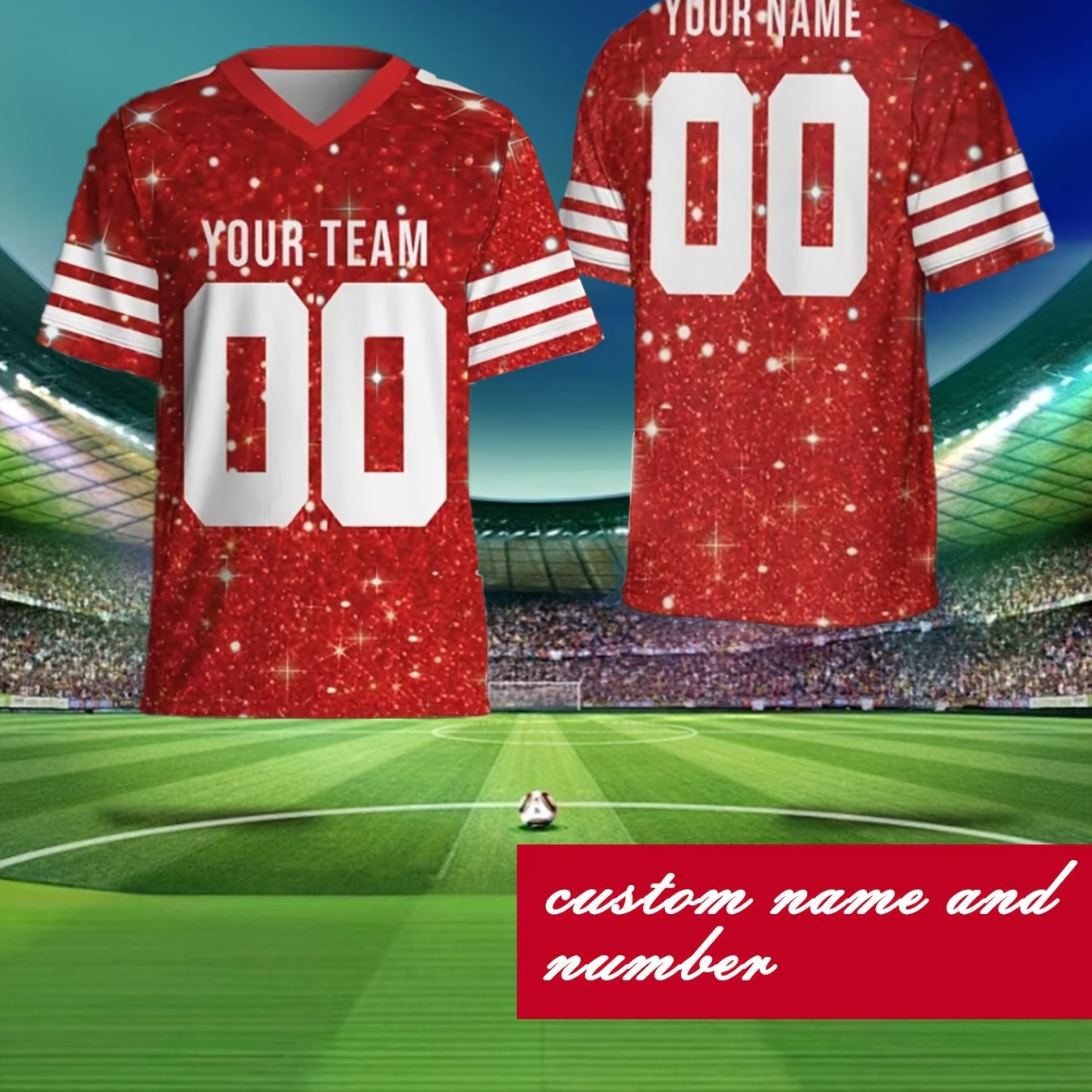 TEMU Team Uniform Football Jersey Suitable For Training, Running & Casual Wear - Shiny V-neck Short-sleeve Soccer Shirt With Numbered Jersey, Machine