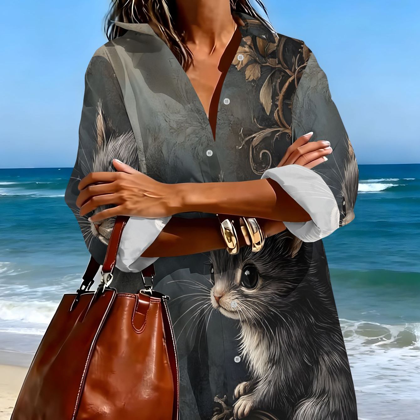 TEMU Women's Long Sleeve Shirt Dress, New Summer Style, Mechanical Style Cat Print, Casual Long Sleeve Shirt Dress, Loose Fit Versatile Lapel Short