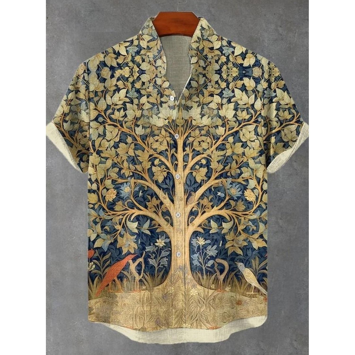 Image of Men's Digital Printed Button- Dress Shirt, Tree Of , Golden Trunk & Colorful Leaves/birds, Polyester Fabric, Casual & Comfortable, Multiple Sizes/colors, Rolled-up Cuffs, Collared, Fashion