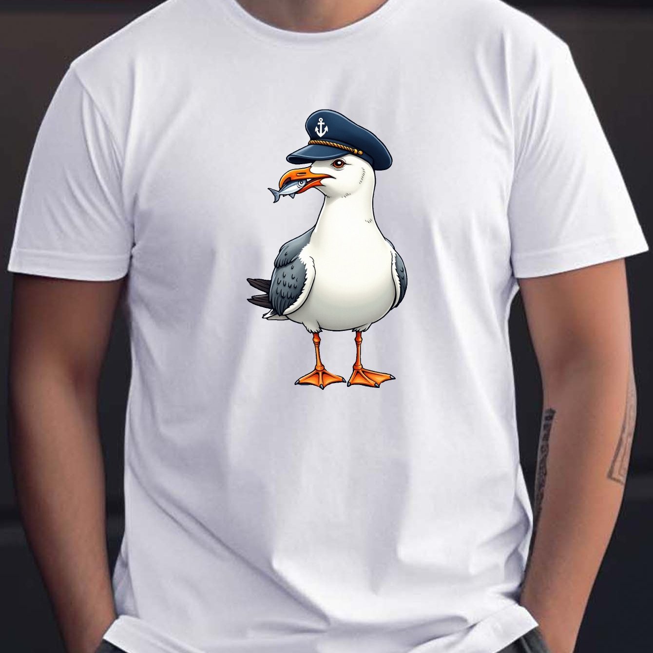 TEMU Men's Casual Short-sleeve T-shirt, Seagull And Sailor Hat Print, Lightweight Polyester Summer T-shirt, Regular Fit, Round Neck, Casual Summer