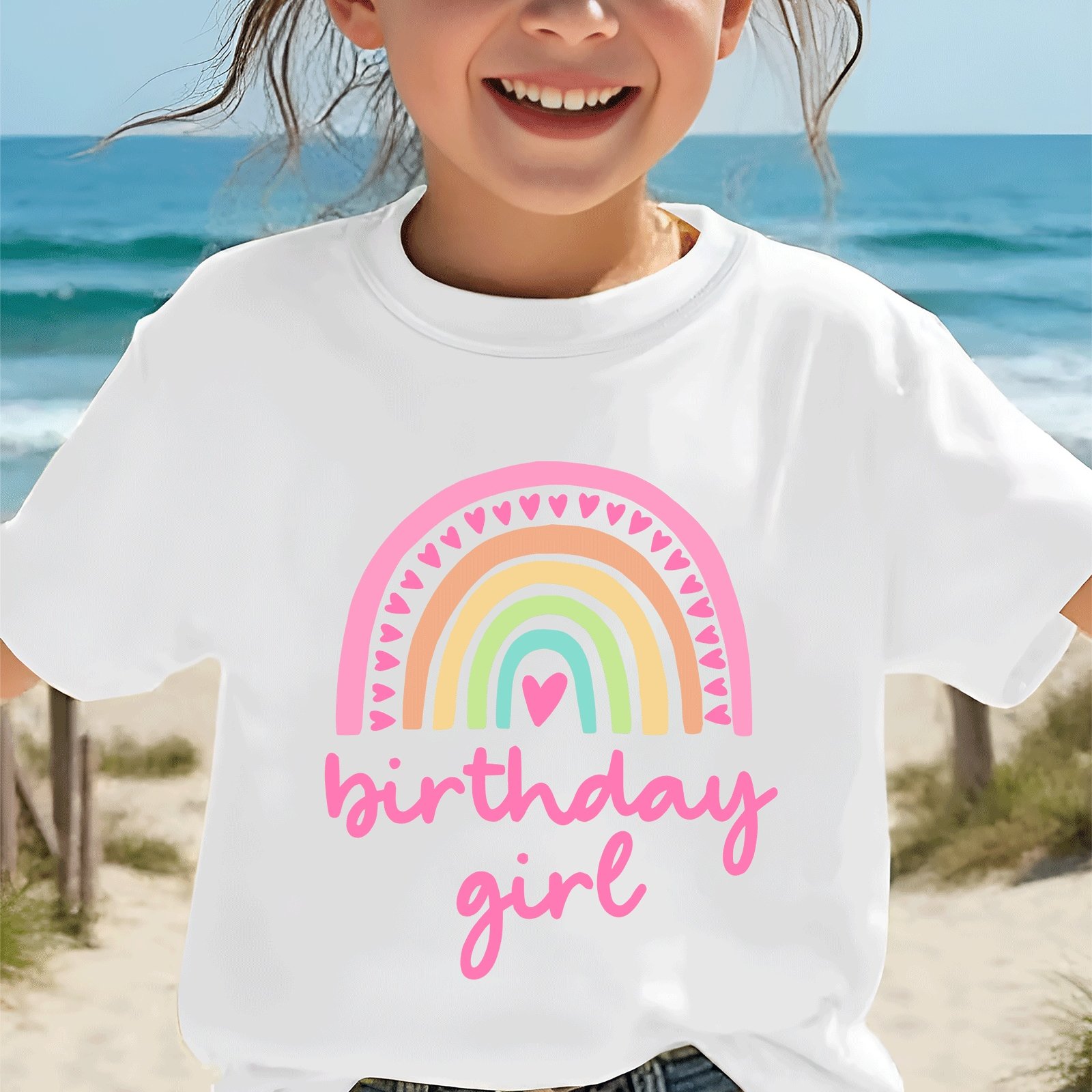 Birthday Girl Letter Birthday Rainbow Heart Pattern Print, Girls' Summer Casual Sports Short Sleeve Top