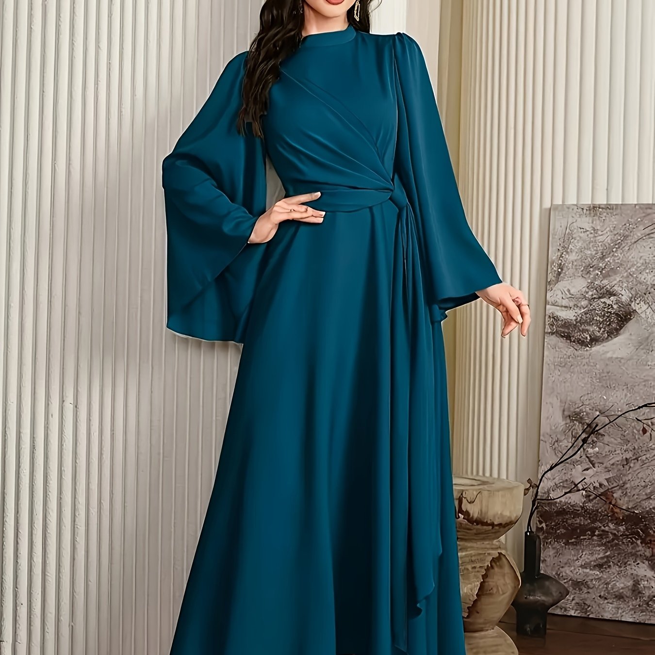 Image of Women's Evening Dress With Flared Sleeves, Stand Collar And Side Embellishments Arabian Gown