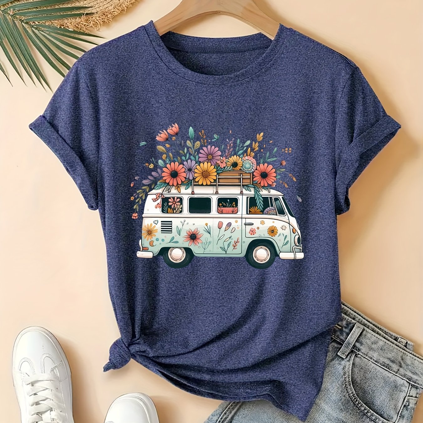 TEMU Plus Size Women's Plus Size Bus Stop Short Sleeve Easy Illustration Colorful Flowers Bus Stop Round Neck Elegant Cute Summer T-shirt Fashion