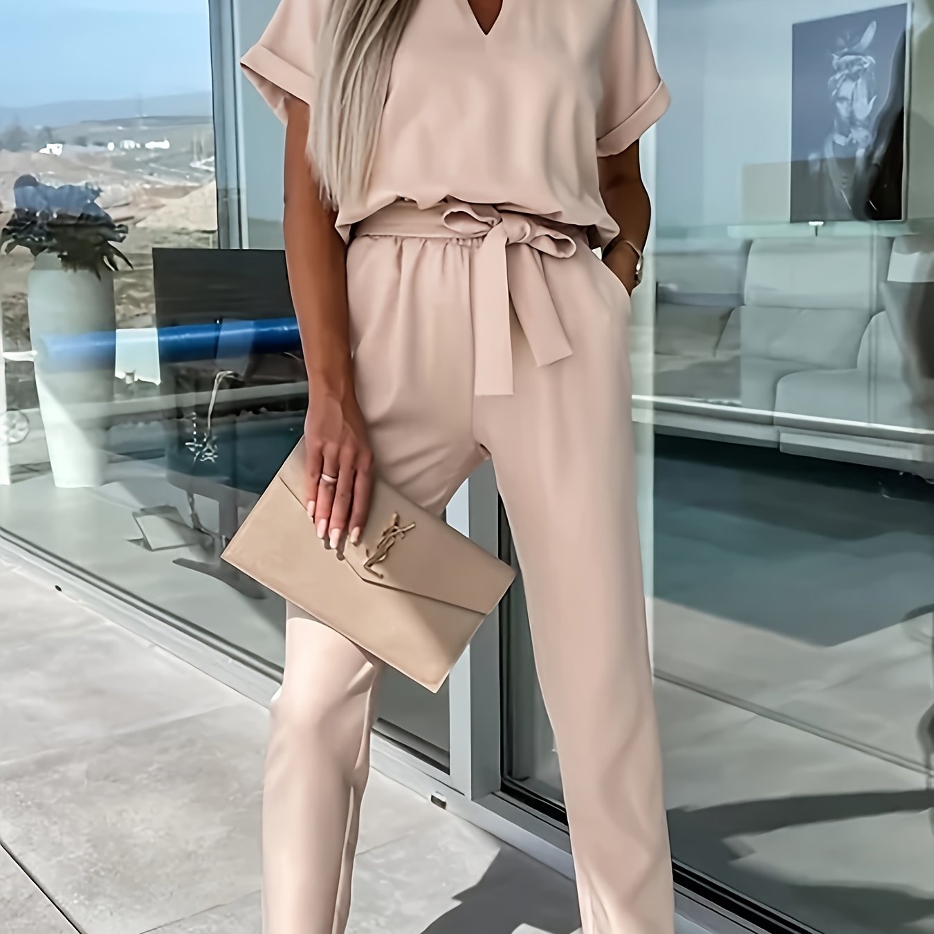 Targeted Development Elegant Fashion Short Sleeve Top With Waist Tie And Fashionable Design Straight Long Pants Set