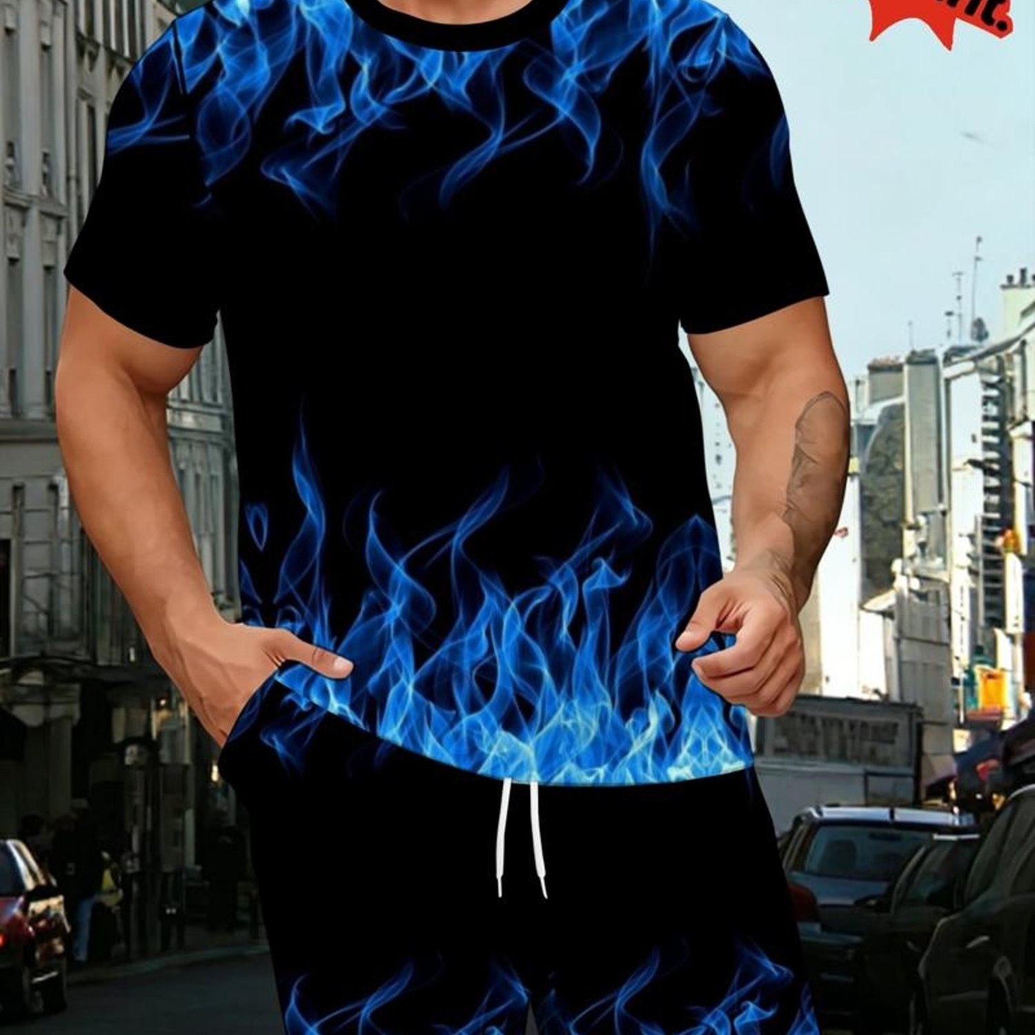 TEMU [printed Design â Not Textured//sequins] Men's Casual Athletic Suit, Mixed Colors, , Polyester Fiber Material, Dynamic Blue Flame Design,