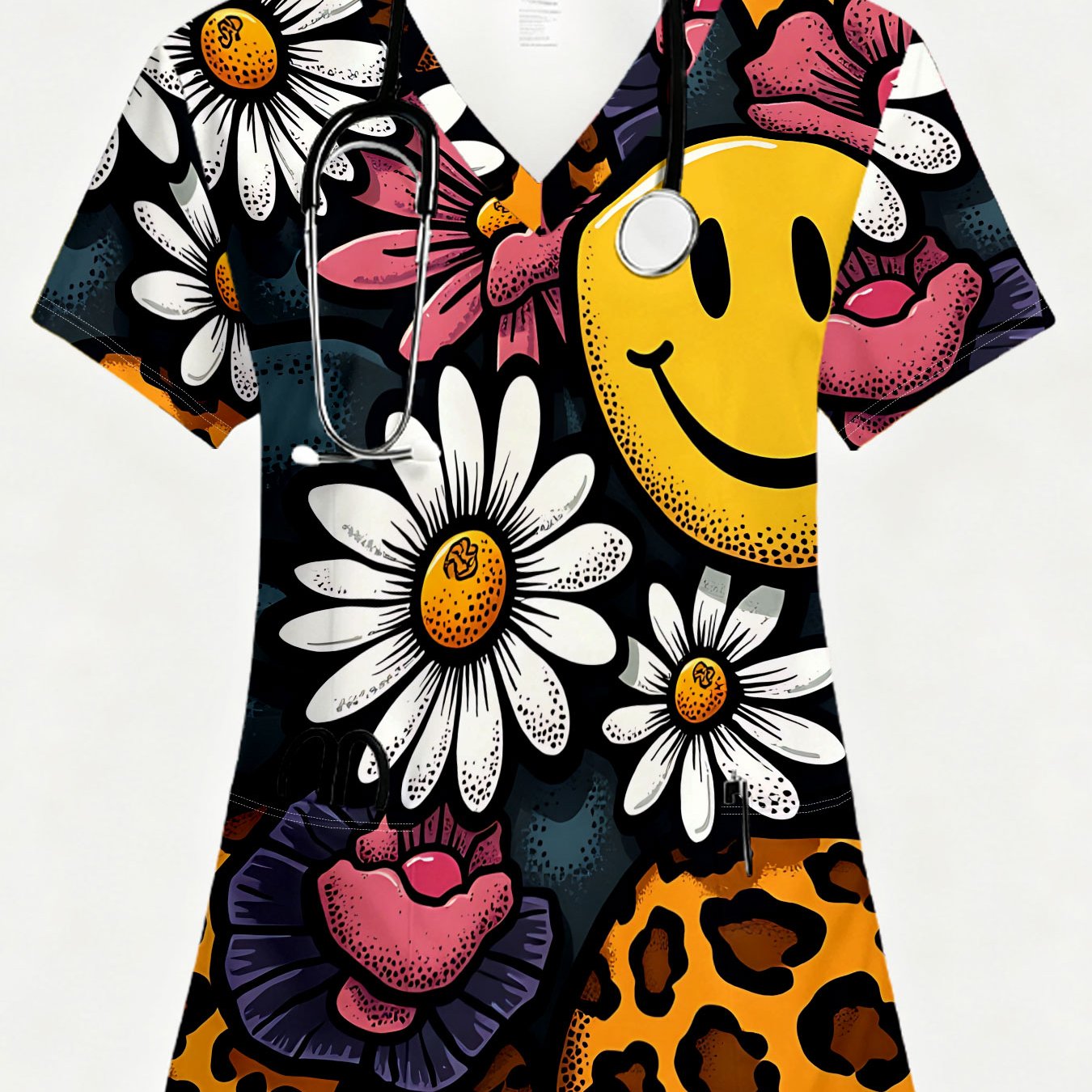 TEMU Haut à col en V pour soignantes, motif imprimé , vêtement de travail confortable pour infirmières, tendance vintage avec joyeux de visage,