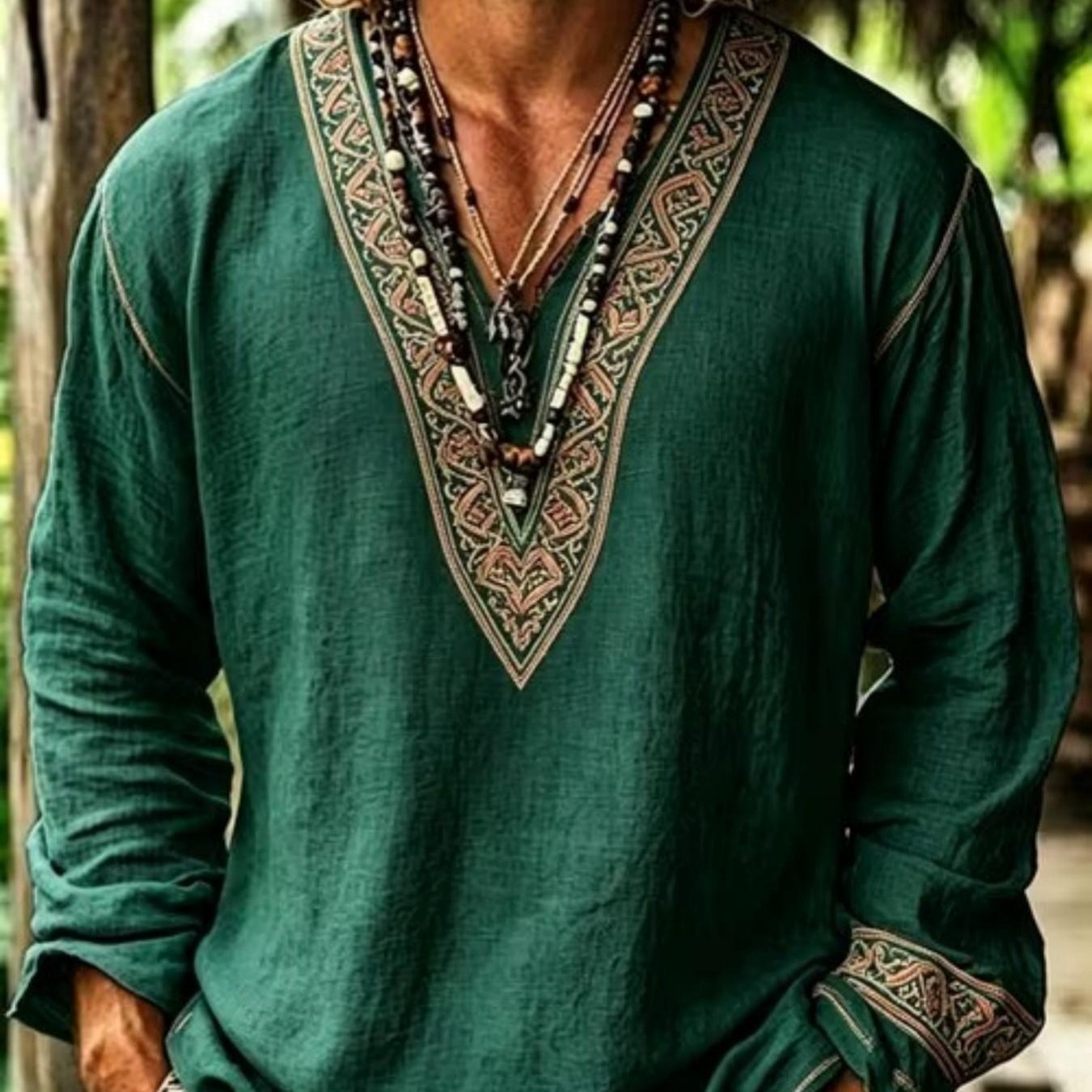 TEMU 's Bohemian Vacation V-neck Long Sleeve Shirt, Geometric Print Design Trendy And Fashionable Men's , Fabric Skin-friendly, Suitable For Styles,