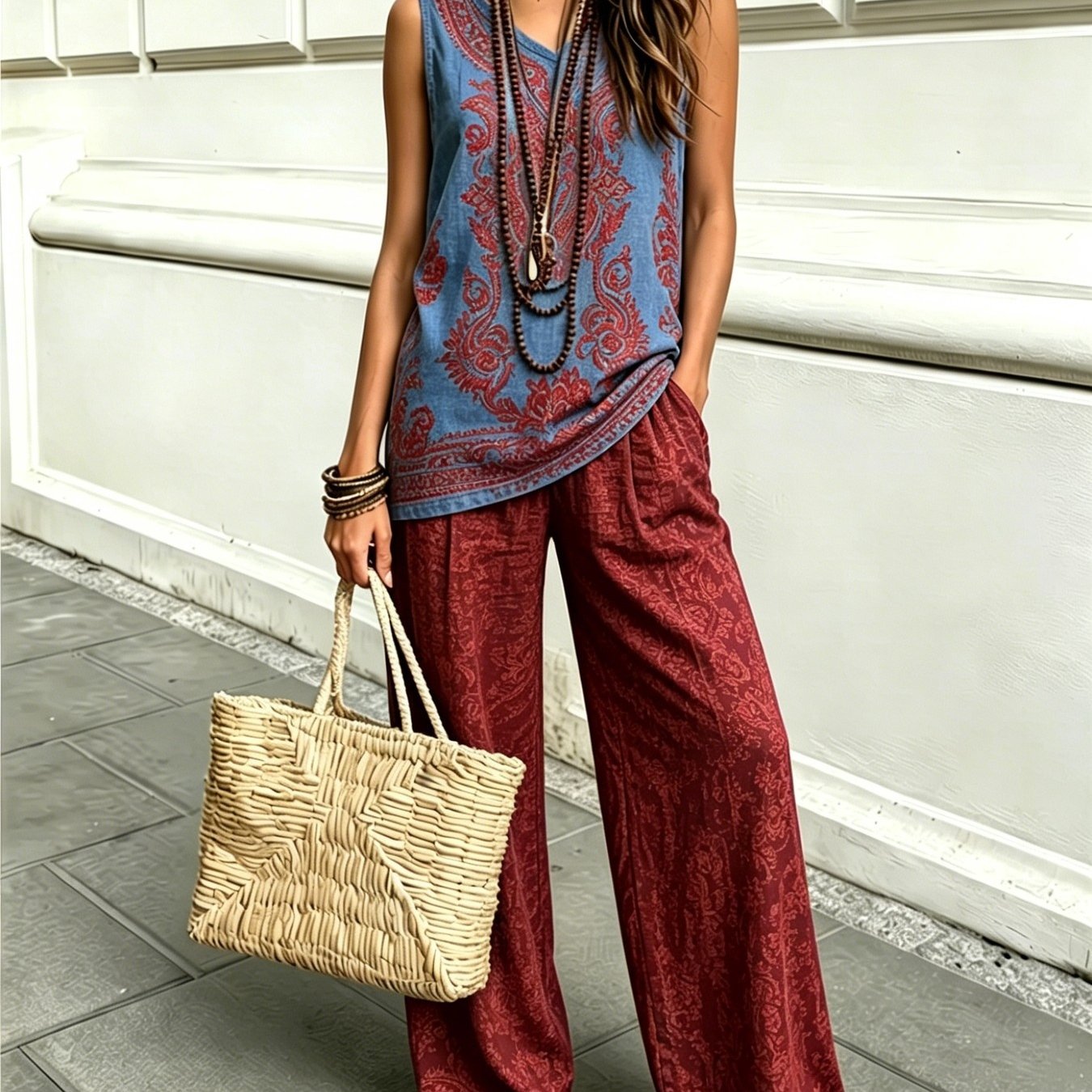 Image of Women's 2pcs Set Summer V Neck Sleeveless Printed Top High Waist Wide Leg Pants Set Retro Ethnic Style Loose Breathable With Good Drape Suitable For Vacation Leisure Daily Outing Create A Casual Laz