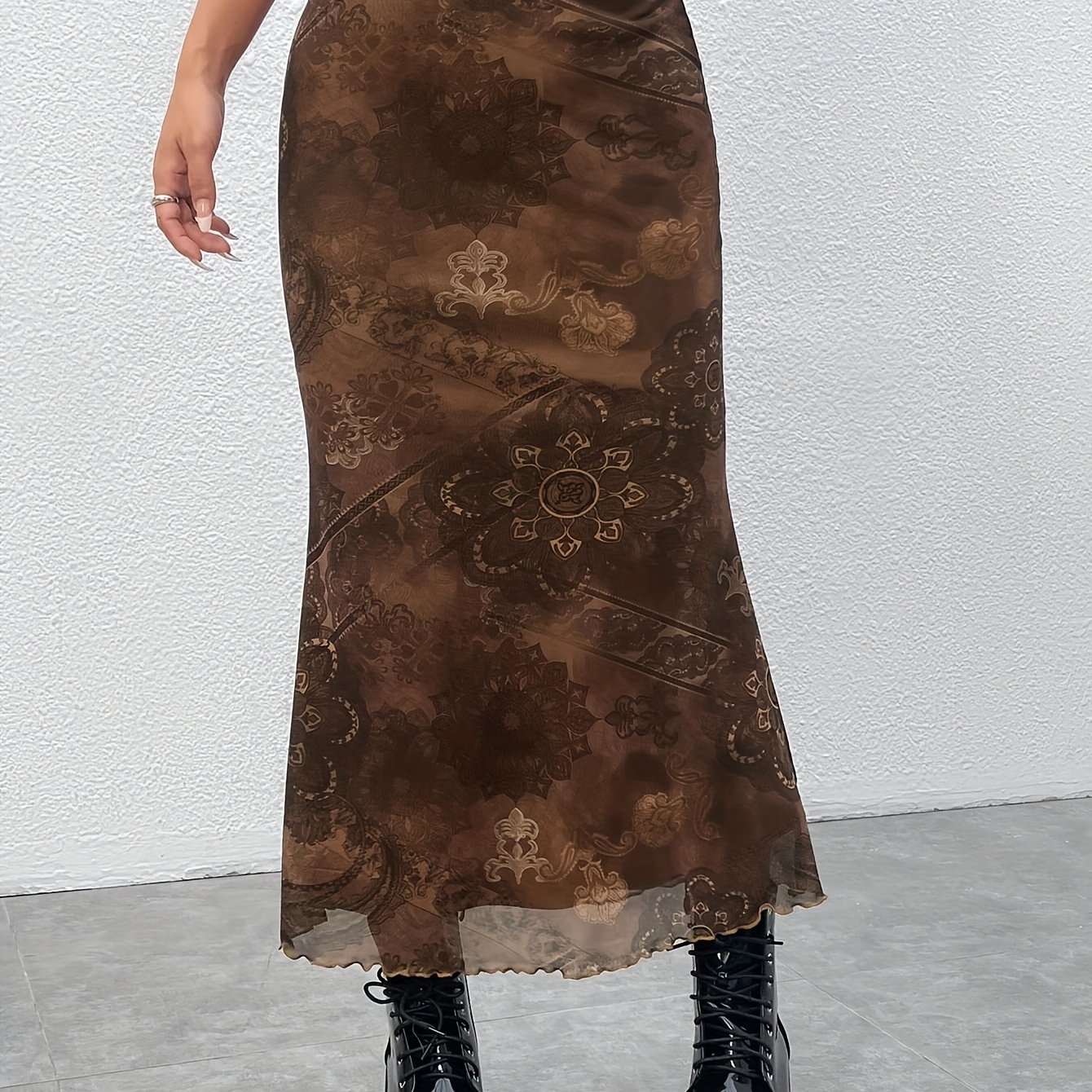 TEMU Targeted Development Floral Print Lettuce Edge Mesh Skirt