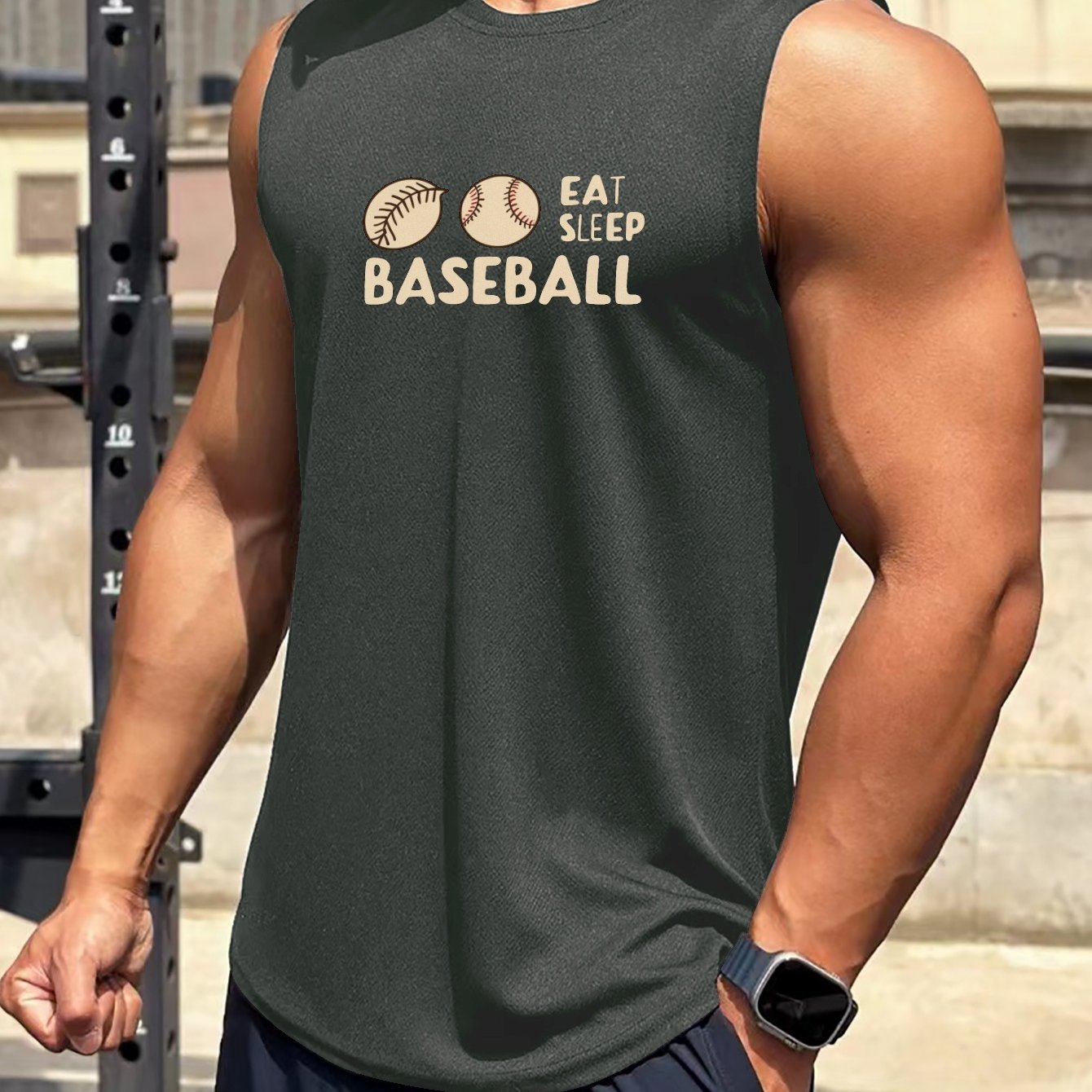 TEMU Eat Baseball Print Sleeveless Top, Men' Undershirts For Workout At The Gym