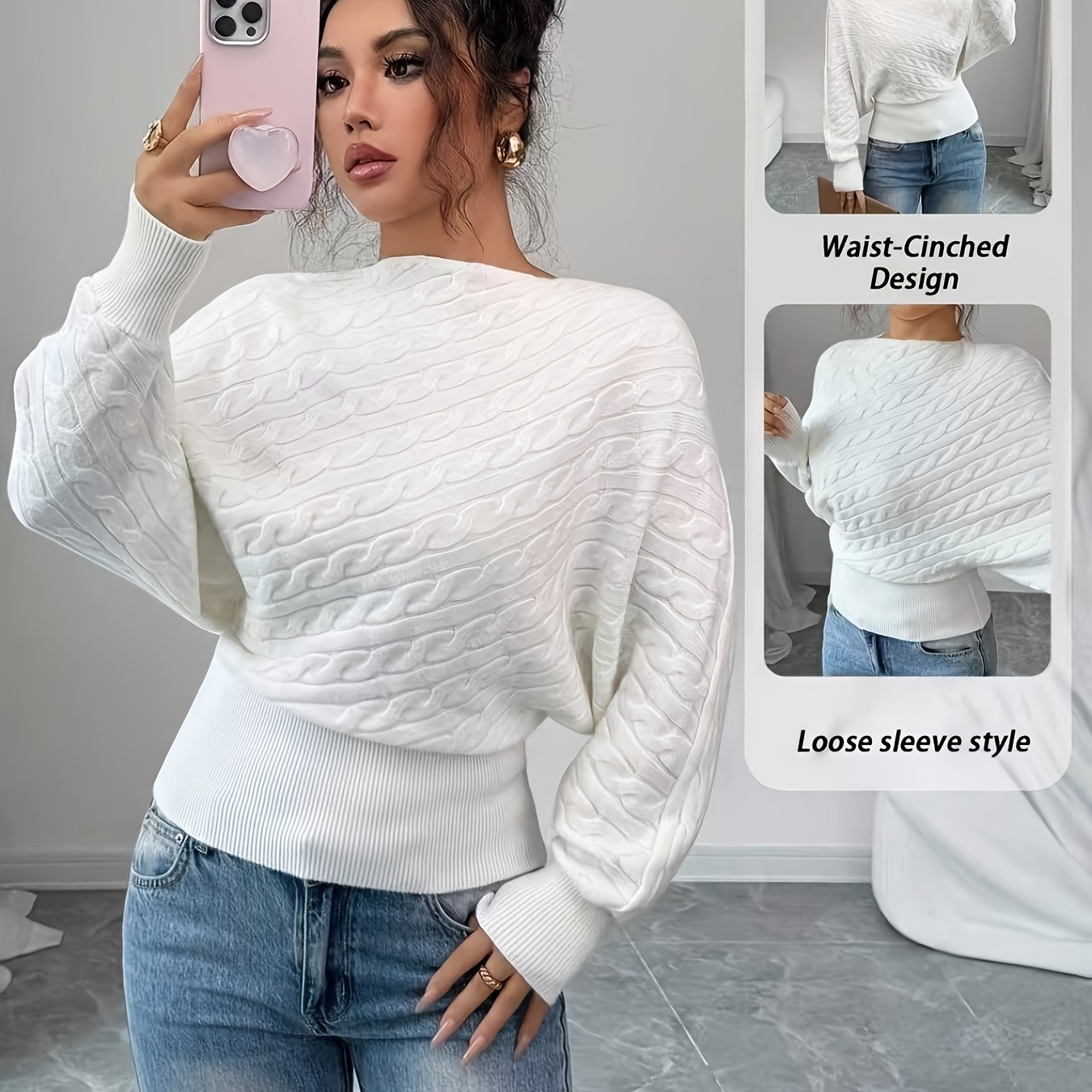 TEMU Haut pour femme automne/hiver élégant à manches chauve-souris d'une seule épaule, taille cintrée, texture torsadée câblée, couleur unie. Nouveau