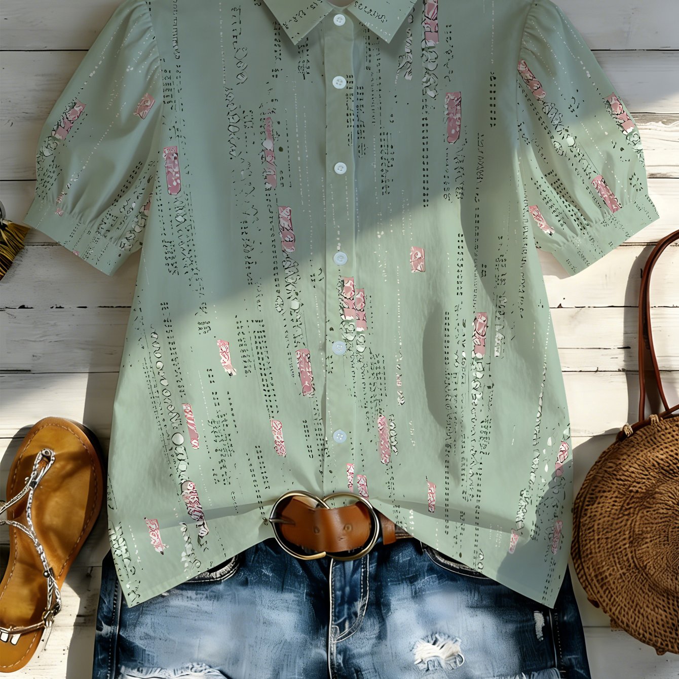 TEMU Short-sleeved Shirt With Geometric Pattern, Suitable For Casual , , Office Wear, And Travel, Breathable Fabric, Lightweight Design.