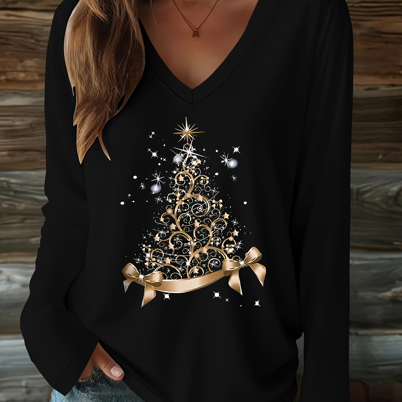 Letter Print T-shirt, Long Sleeve V Neck Casual Top For Spring And Fall, Women's Clothing