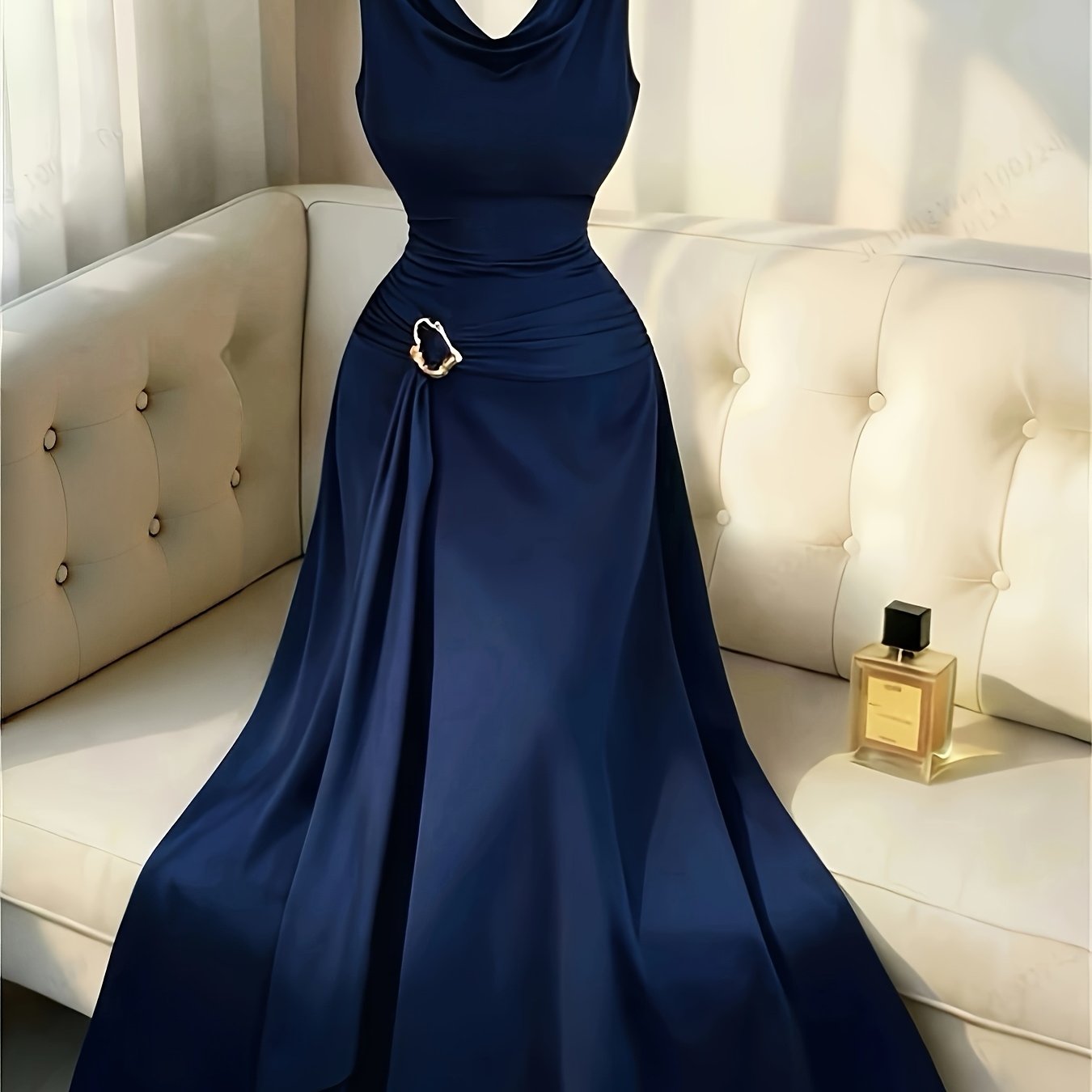TEMU Sleeveless Puff Sleeve Dress Women's Metallic Waist-cinching Bodycon Skirt Elegant Temperament Evening Date Dress Long Dress