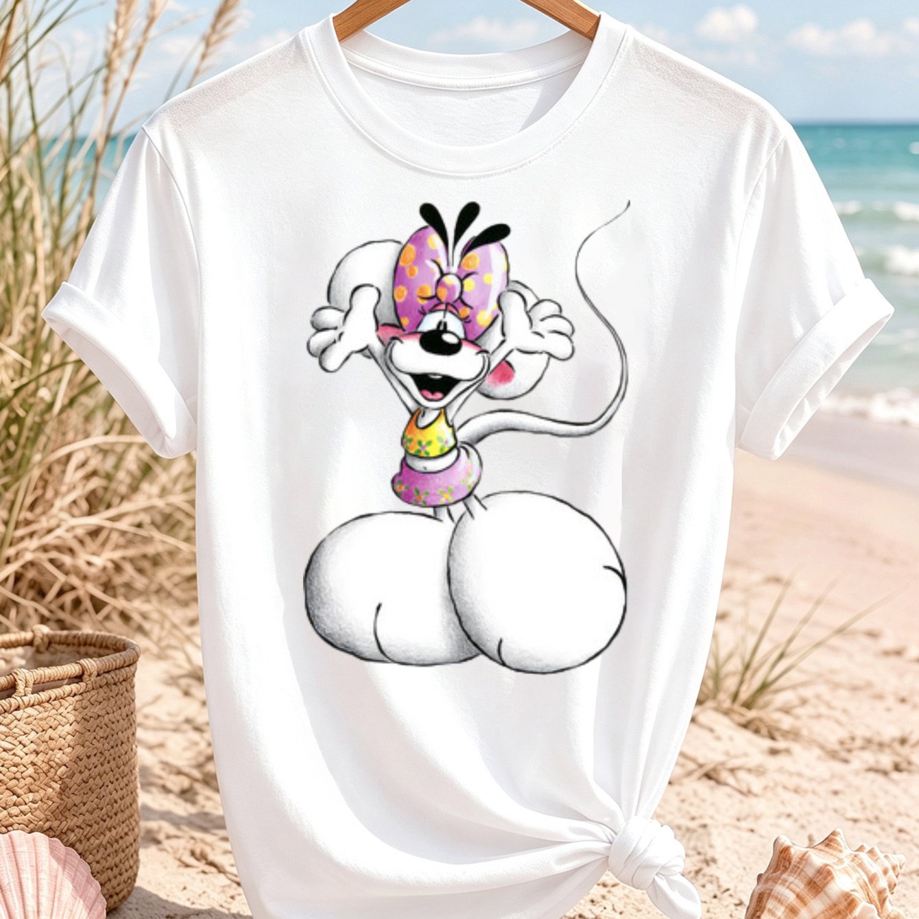 Image of Cute Cartoon Mouse T-shirt With Giant Rounded Feet Bow Colorful Outfit And Line Illustration Unisex All T-shirt