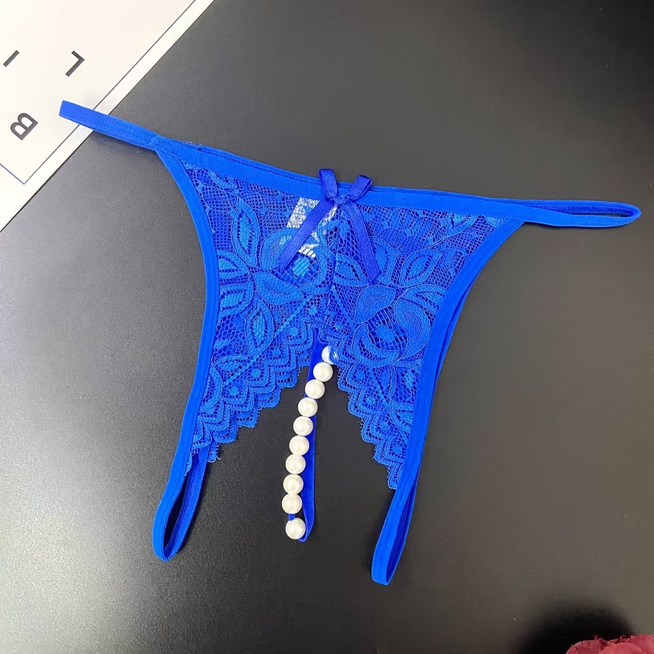 Floral Lace Thongs, Open Crotch Faux Pearl Panties, Women's Sexy