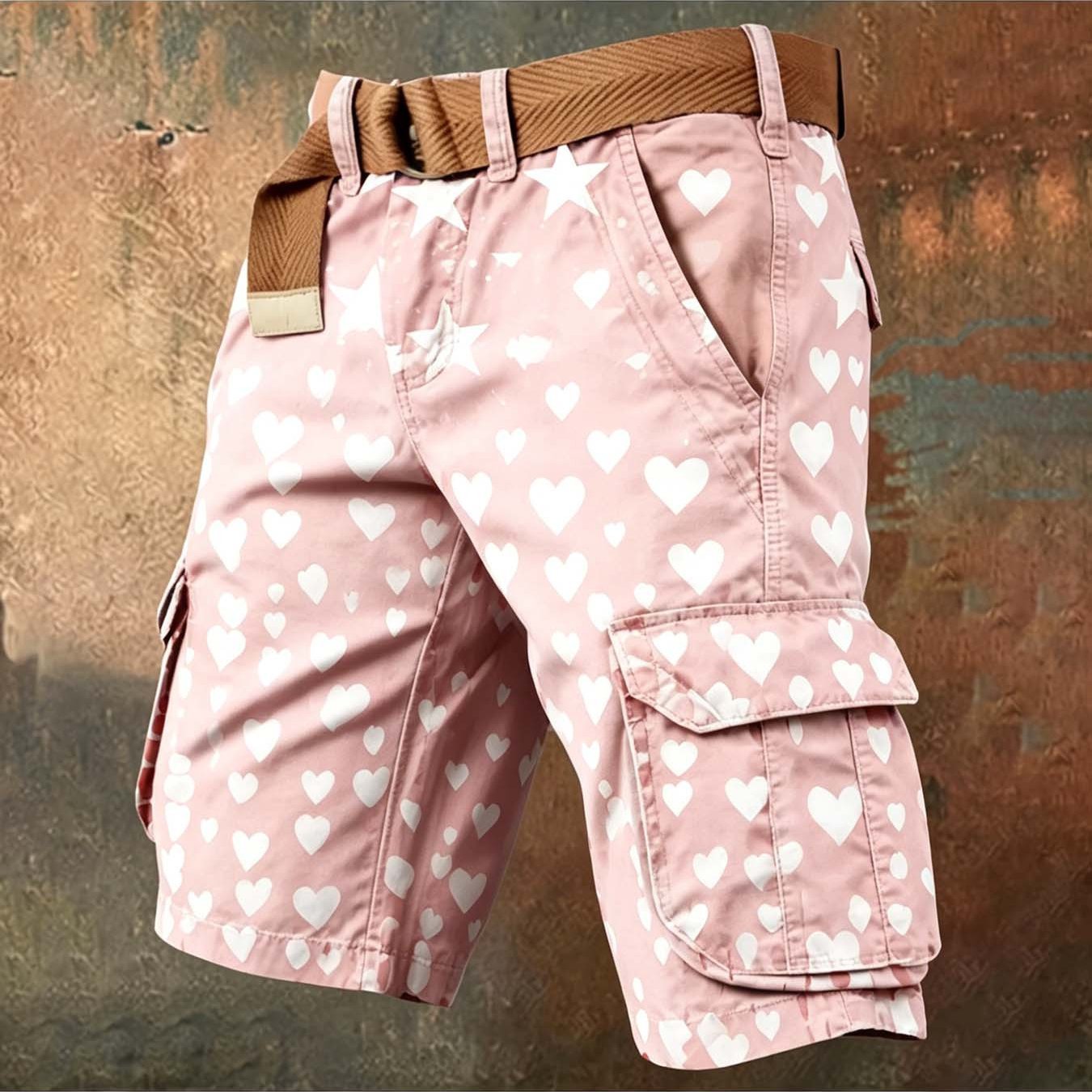 Image of New Arrival Sweet And Pink Base Color White Heart And Printed Men's Cargo Shorts Special Fabric Comfortable And Versatile Design Retro Casual Straight-leg Multi-pocket Knee-length Pants (belt Not I