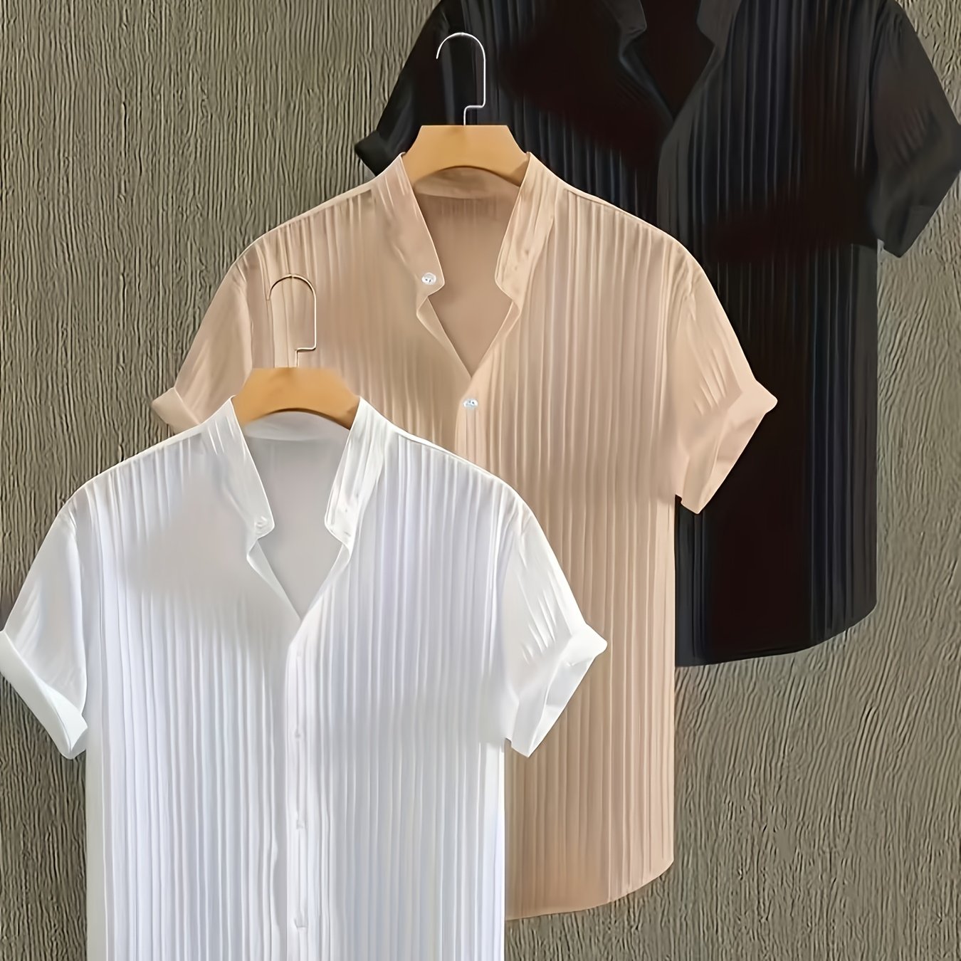 E-shop Herren 3-teiliges gestreiftes Hemd-Set, Passform, lässig und bequem, gestreifte Kurzarmhemden, Hemden mit Stehkragen und Knopfleiste, geeignet