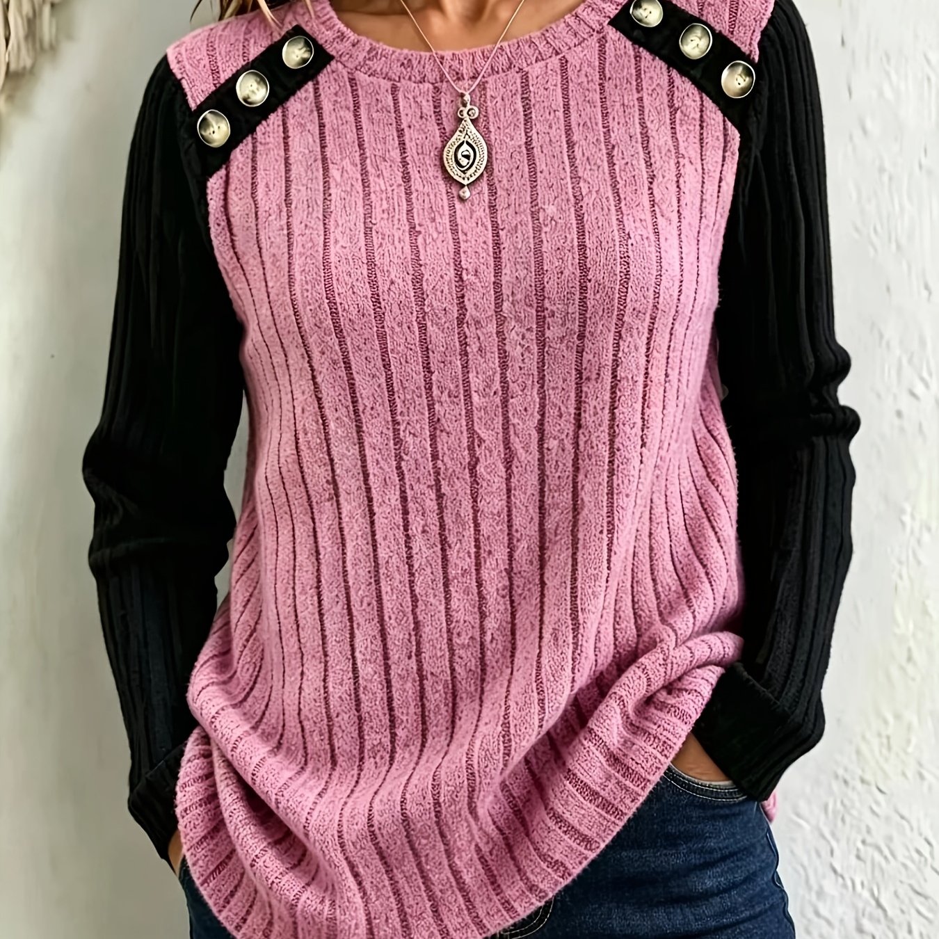 TEMU Haut grande taille pour femme, nouveau haut élégant d'automne/hiver, couleur unie, torsades, couleur contrastante, boutons, col ras du cou,