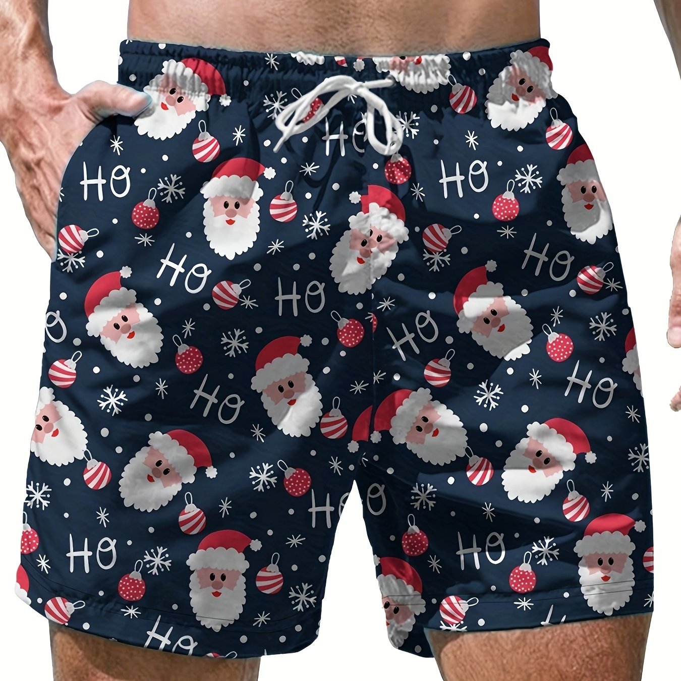 TEMU Men's Christmas Santa Summer Shorts, Casual Polyester Pajama Shorts, Elastic Waist, Loose Fit, Woven Fabric, Holiday Pattern, Men's Fashion Shorts