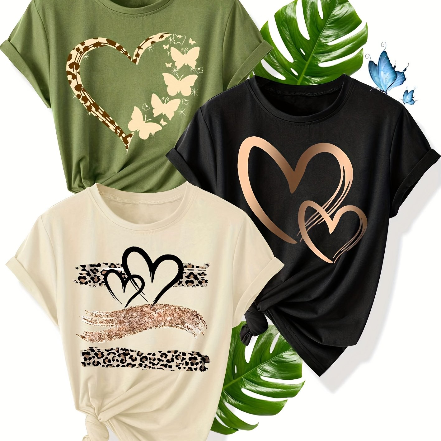 TEMU Heart Series Three-piece Set For Family, , And Sisters, Printed Fashion Vintage Style Women's Summer Casual Sporty Round Neck Short Sleeve