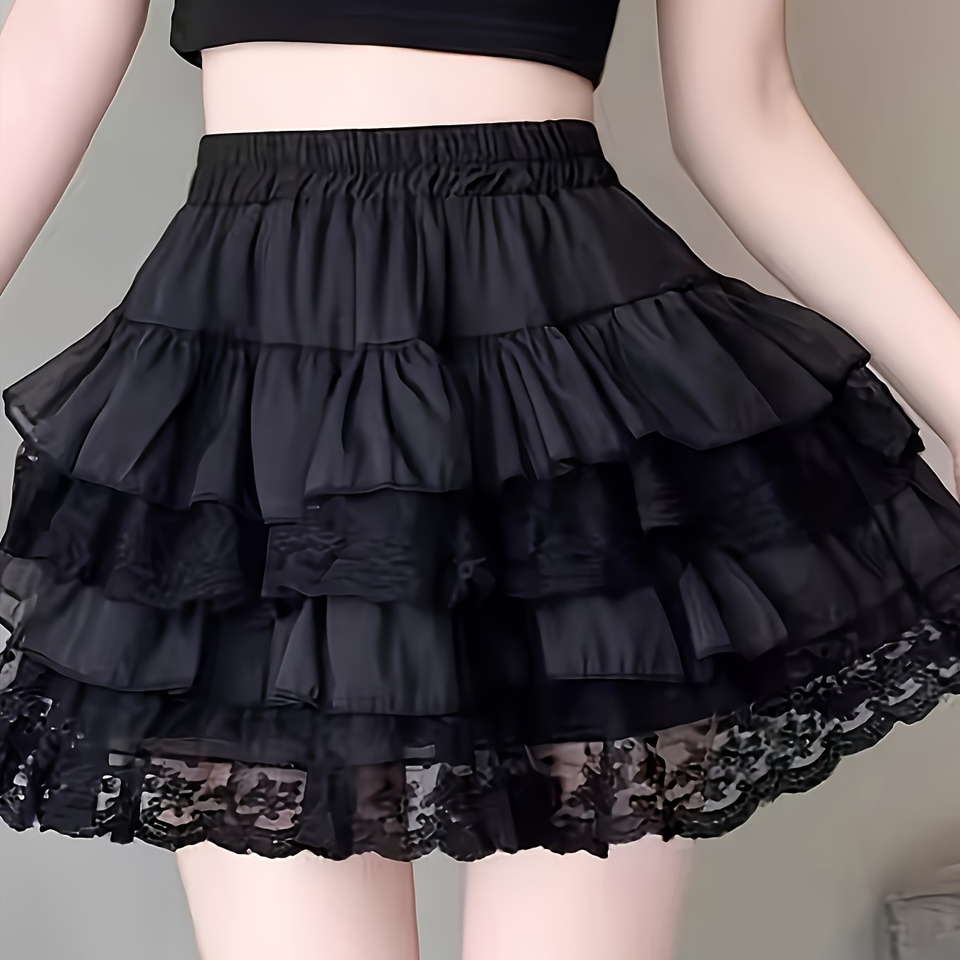 TEMU Rock im dunklen Gothic-Stil mit Spitzen-Patchwork mehrschichtigem Rüschensaum