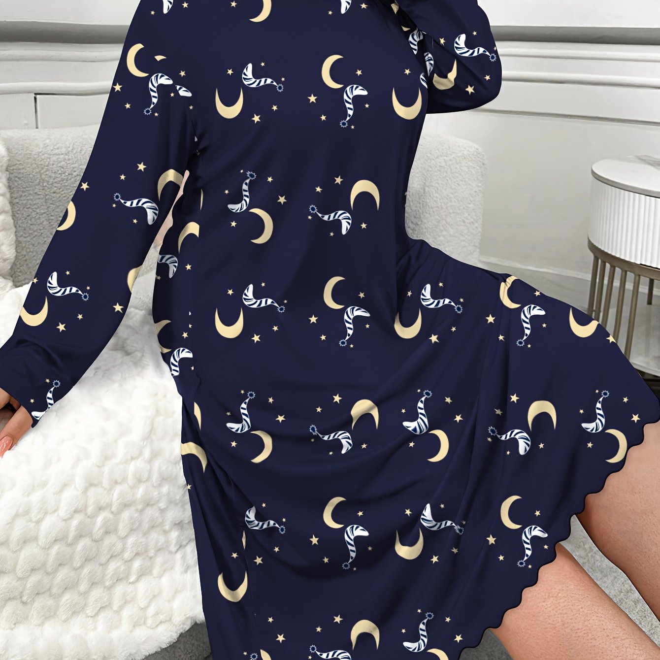 Image of Plus-size Women's Casual Loungewear Nightgown, Polyester, Comfortable And Soft For , Full- And Moon Pattern, Round Neck Long-sleeve Dress, Plus-size Casual Skirt