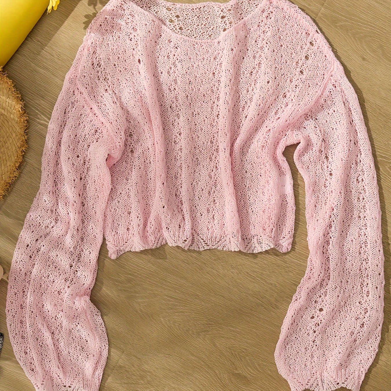 E-shop Urlaubsstrand Sexy Hollow Out Lässiger Bootshals Langarm Sommer Pullover, Häkelpullover im Strand-Stil