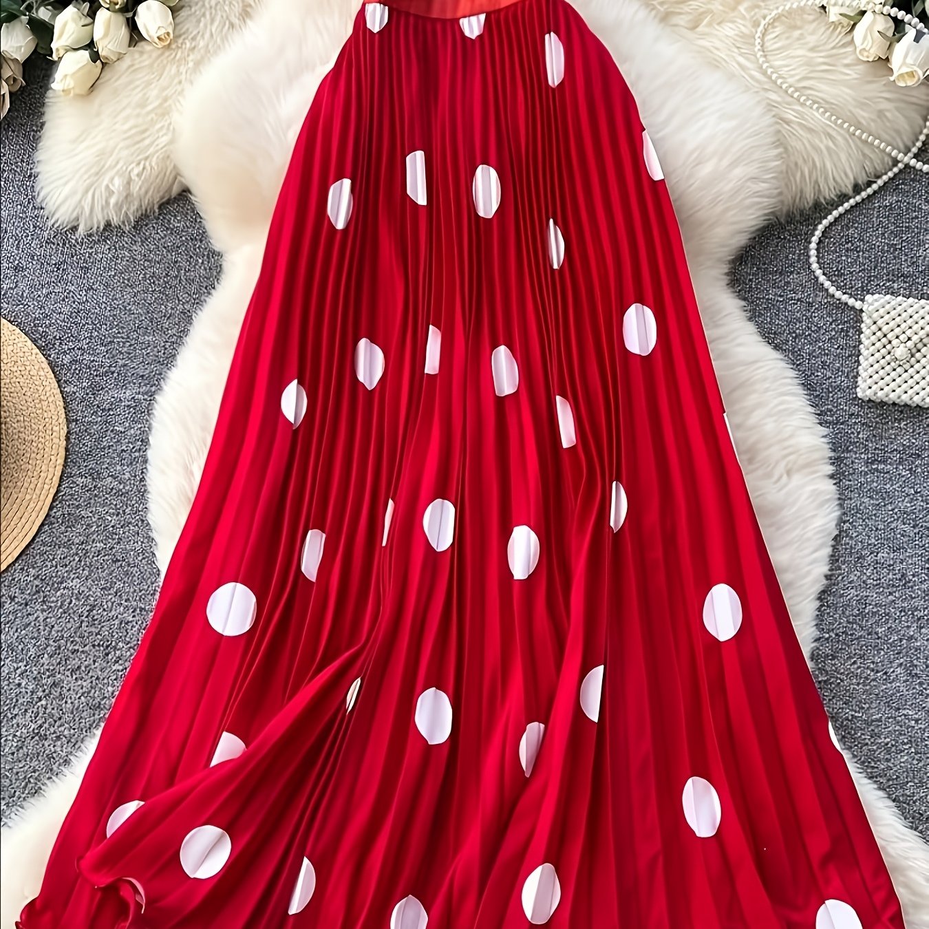 TEMU Women's Elegant Pleated Long Skirt, Fashionable Versatile Polka Dot Half Skirt