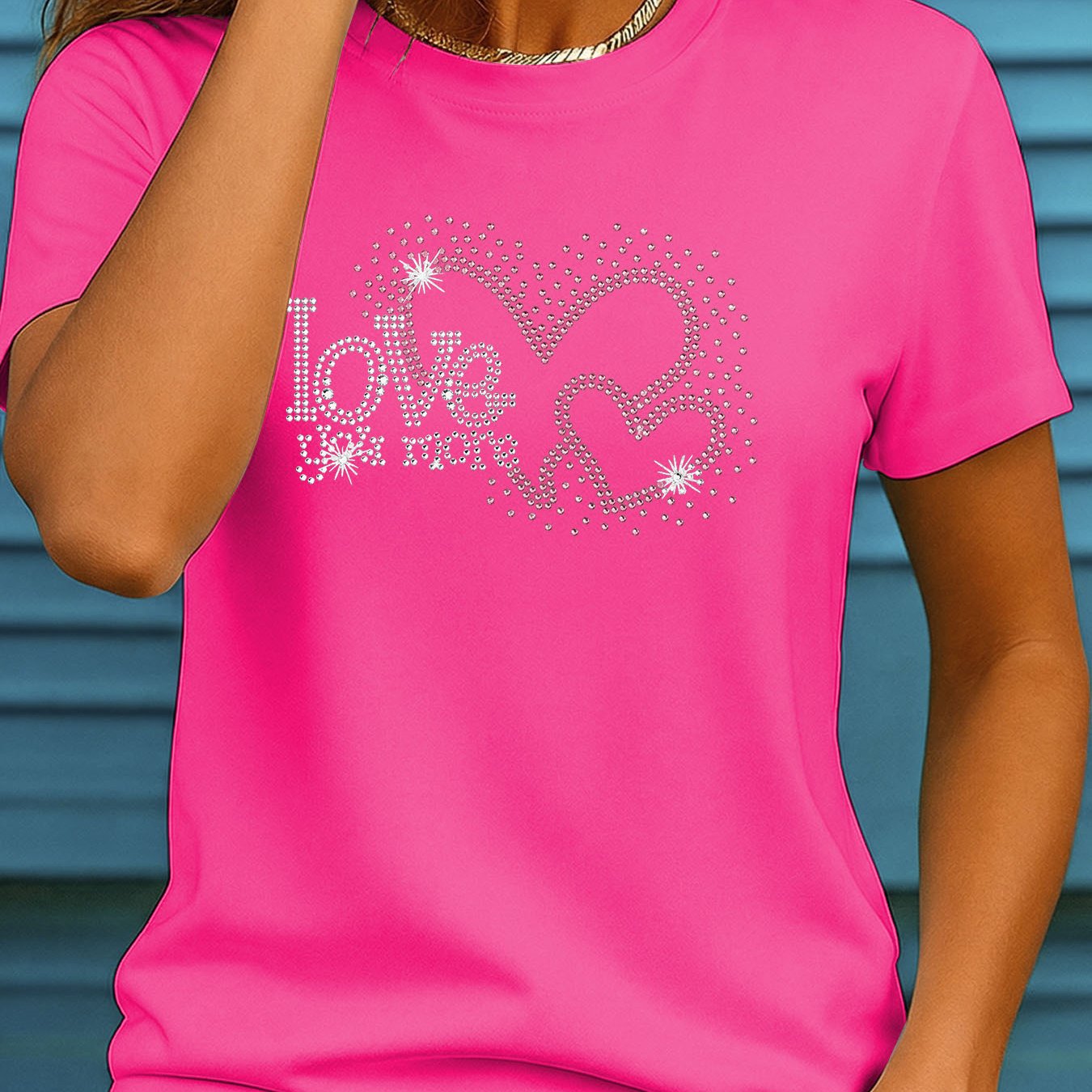 TEMU Women's Plus Size Sparkling Rhinestone Heart Print T-shirt - Love Lettering Short Sleeve -compatible Top | Non-sheer Round Neck Summer Casual