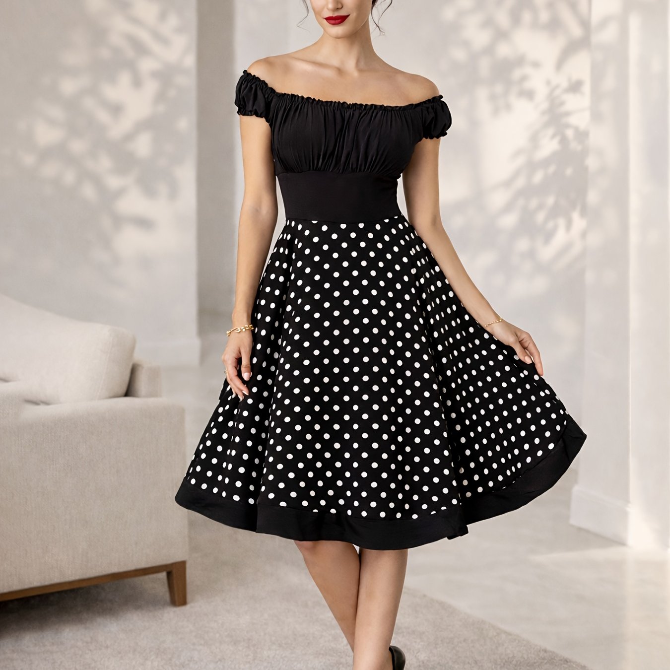 Women's Off-shoulder Polka Dot Dress, Waist-cinching Design With A-line Skirt, Retro Elements For Layered Look, Suitable For Parties, Dates, And Casual Wear