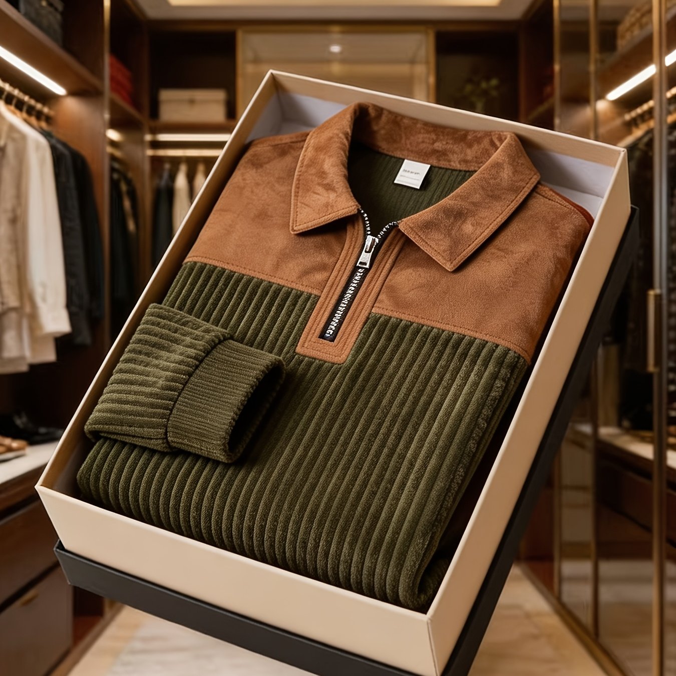 TEMU [ OBM] Pull Homme à Manches Longues en à Rayures Verticales avec Col Contrasté et Demi-Zip, Patch d'Épaule Décontracté, Élastique, Coupe Slim,
