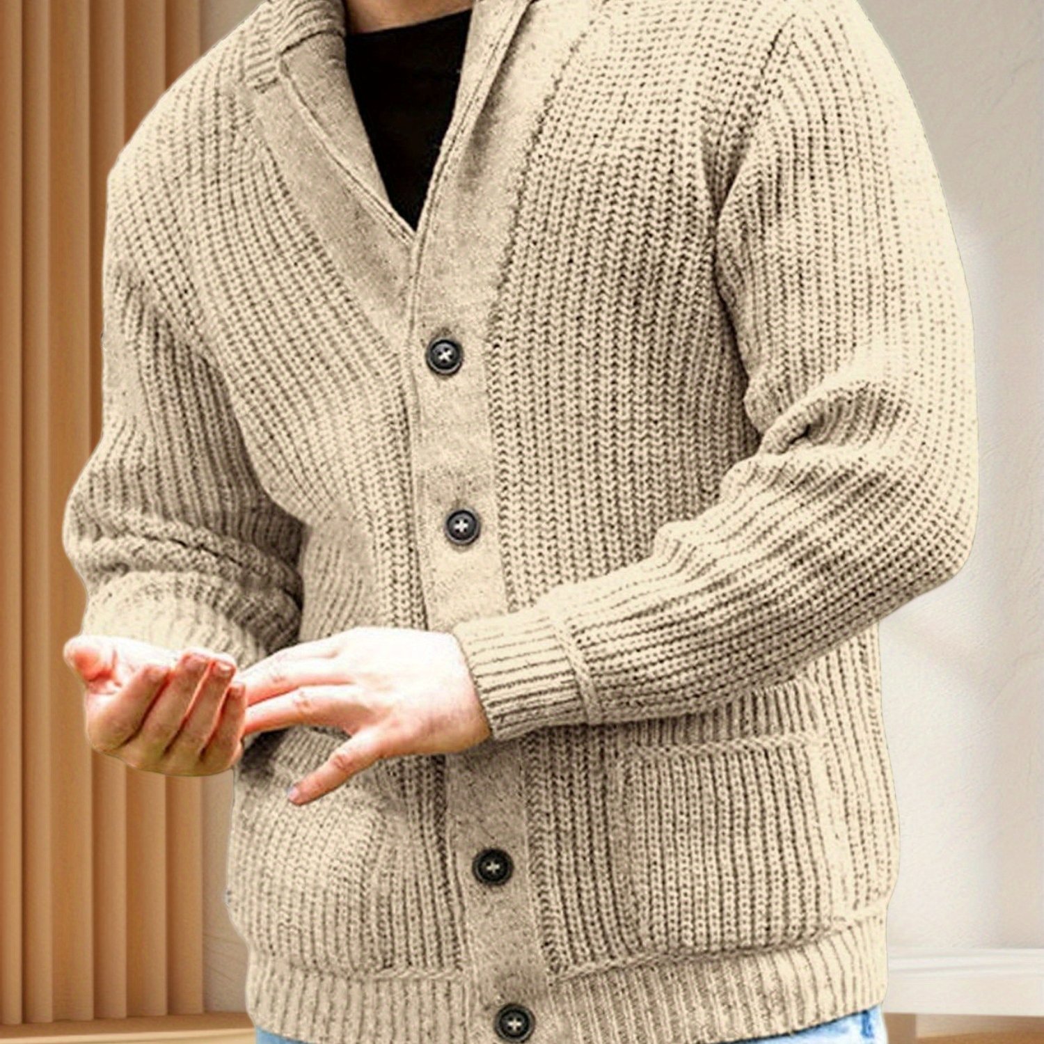 Men's Chunky Knit Cardigan Casual Shawl Collar Long Sleeve Button Knitted Jumper Tops