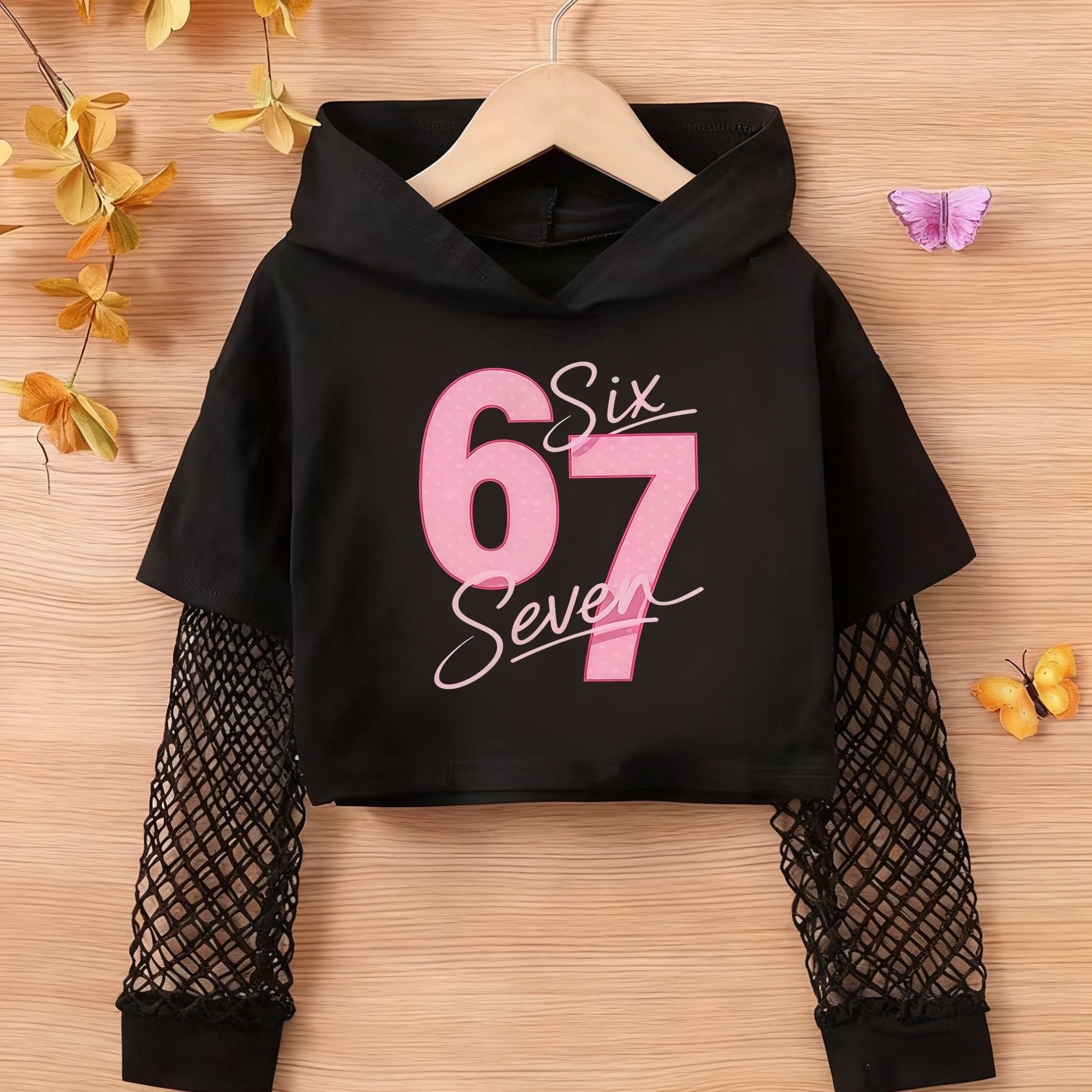 Image of Girls' Number 67 Print Hooded T-shirt - Oversized Long Sleeve Top Suitable For Outdoor Wear, Spring/fall Casual Wear, Loose Fit Clothing Gift With Number Practice Tee (hand Washable)
