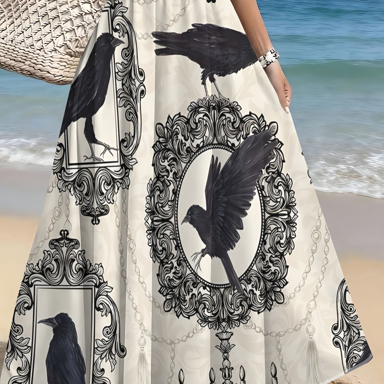 TEMU Jupe Maxi Évasée Taille Haute Imprimée Motif Floral Style Gothique Femme, Jupe Mi-Longue Décontractée Vacances d'Été
